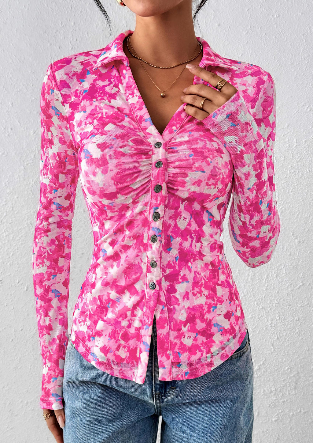 PRETTYGARDEN Women Button Down Floral Shirts Fall Trendy Long Sleeve V Neck Mesh Boho Blouse Spring Tops Date Outfits