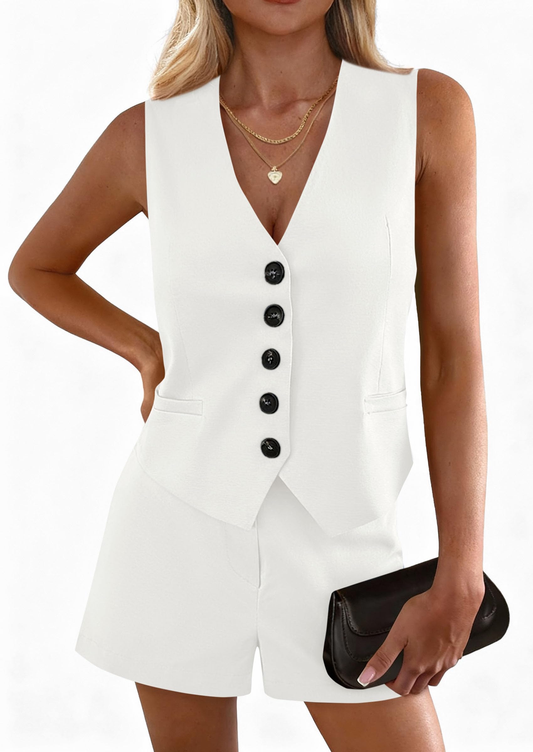 PRETTYGARDEN 2 Piece Sets for Women Spring Fashion  Button Vest Tops High Waist Shorts Summer Business Casual Outfits