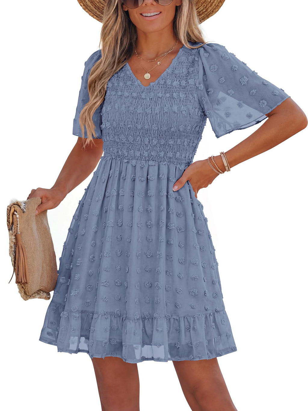 FreshPretty Womens Beach Vacation Dress Summer V Neck Short Sleeve Smocked Swiss Dot Ruffle Casual Mini Spring Dresses