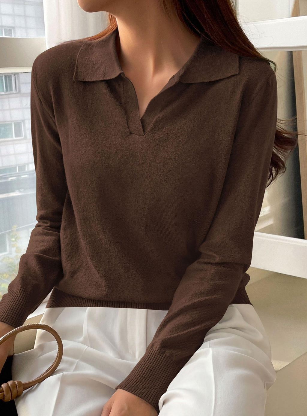 PRETTYGARDEN Womens Long Sleeve Collared Polo Sweater | Breathable Soft Ribbed Knit, Lapel V Neck Pullover Sweaters, Business Casual Work Office Tops, 2026 Trendy Fall Outfits