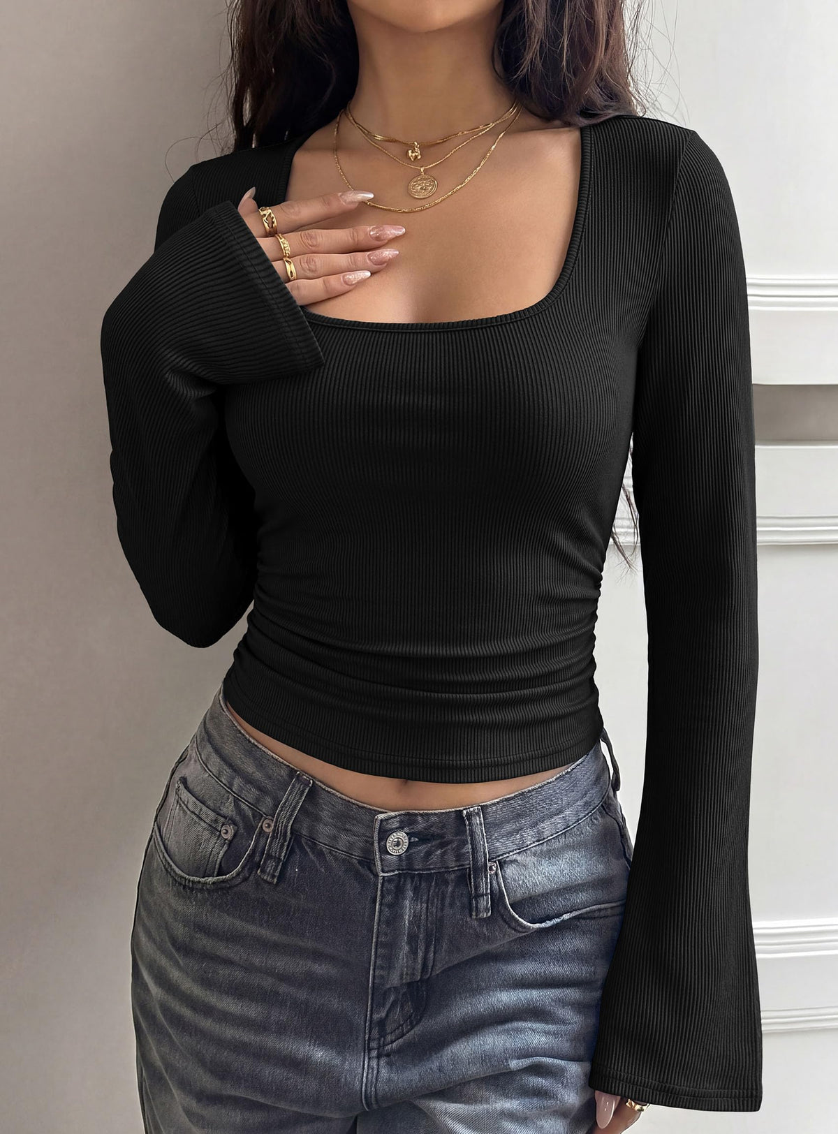 PRETTYGARDEN Womens Bell Long Sleeve Shirts Going Out Tops | Soft Stretchy Ribbed Knit, Square Neck, Slim Fit Y2K Clothes, Trendy Side Ruched, Layering Tee for Casual Fall & Winter Wear