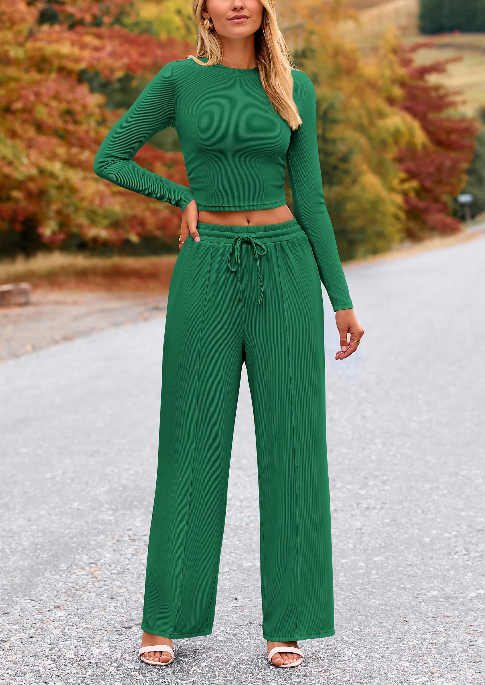 PRETTYGARDEN Women's 2 Piece Loungewear Long Sleeve Crop Top Wide Leg Palazzo Pants Set Tracksuits Casual Outfit