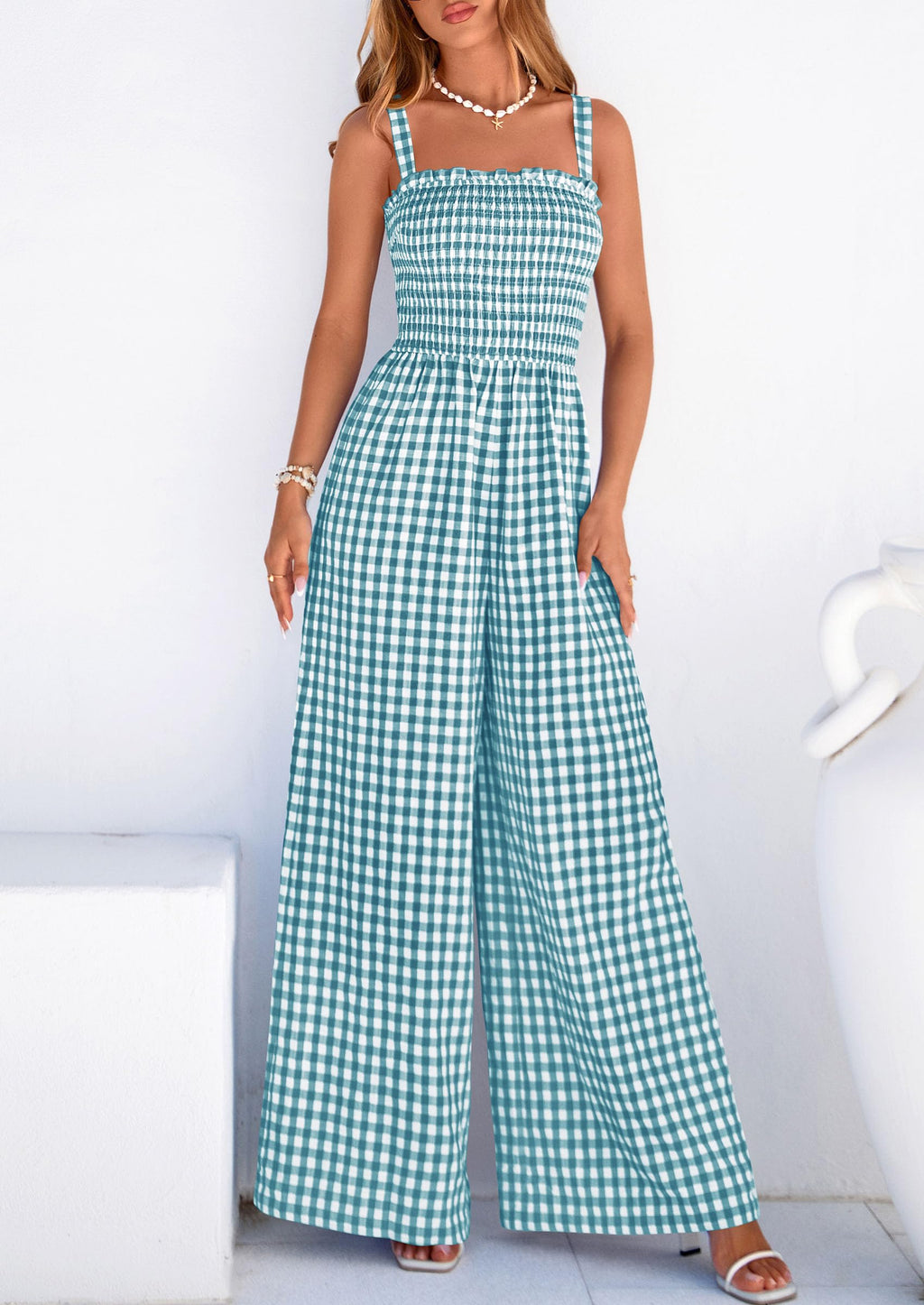 PRETTYGARDEN One Piece Jumpsuits for Women Casual Summer Cruise Outfits  Spring Fashion Smocked Wide Leg Gingham Rompers