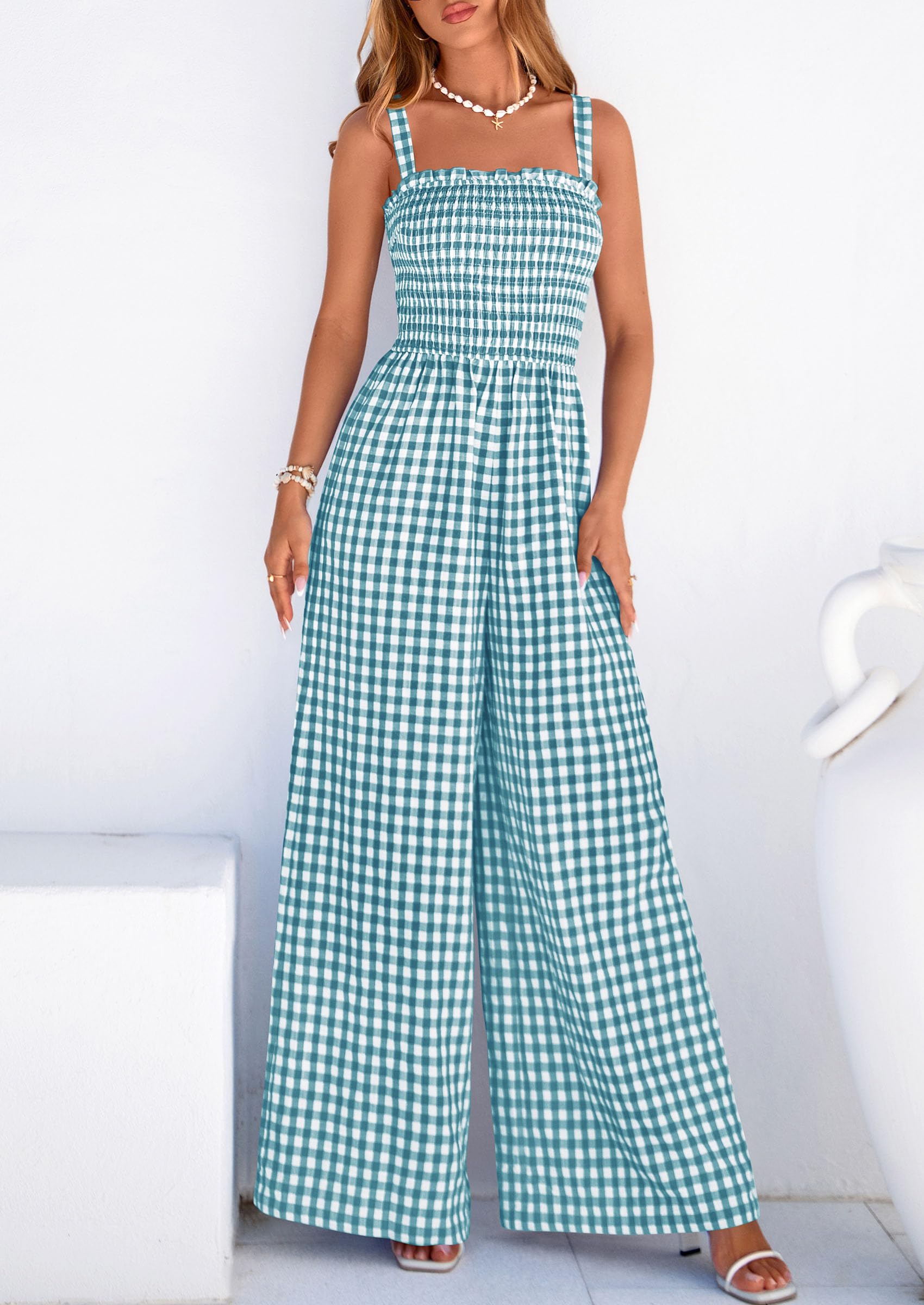PRETTYGARDEN One Piece Jumpsuits for Women Casual Summer Cruise Outfits  Spring Fashion Smocked Wide Leg Gingham Rompers