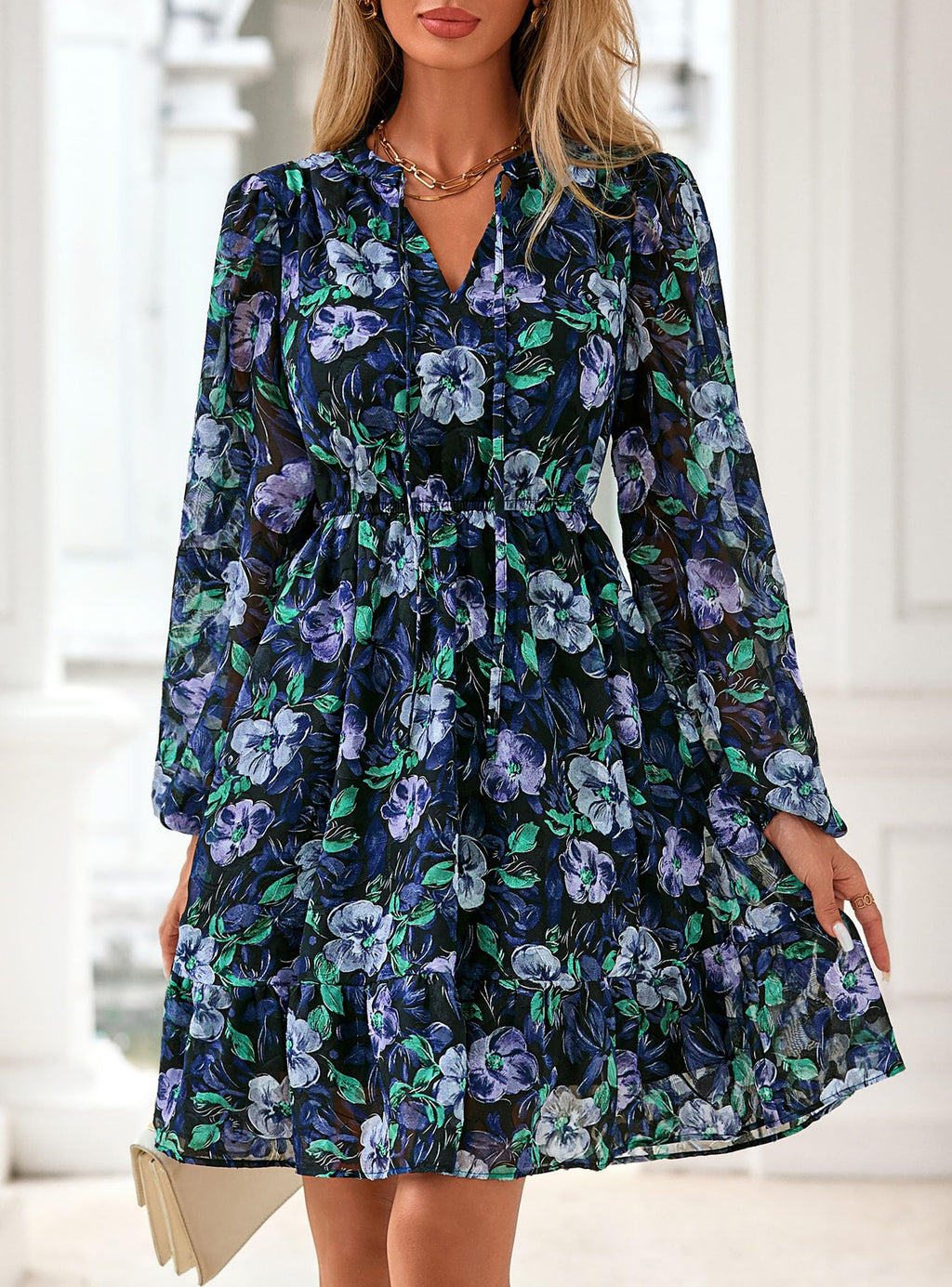 PRETTYGARDEN Women's Fall Boho Dresses  Floral Long Sleeve V Neck Mini Flowy Wedding Guest Dress Trendy Vacation Outfits