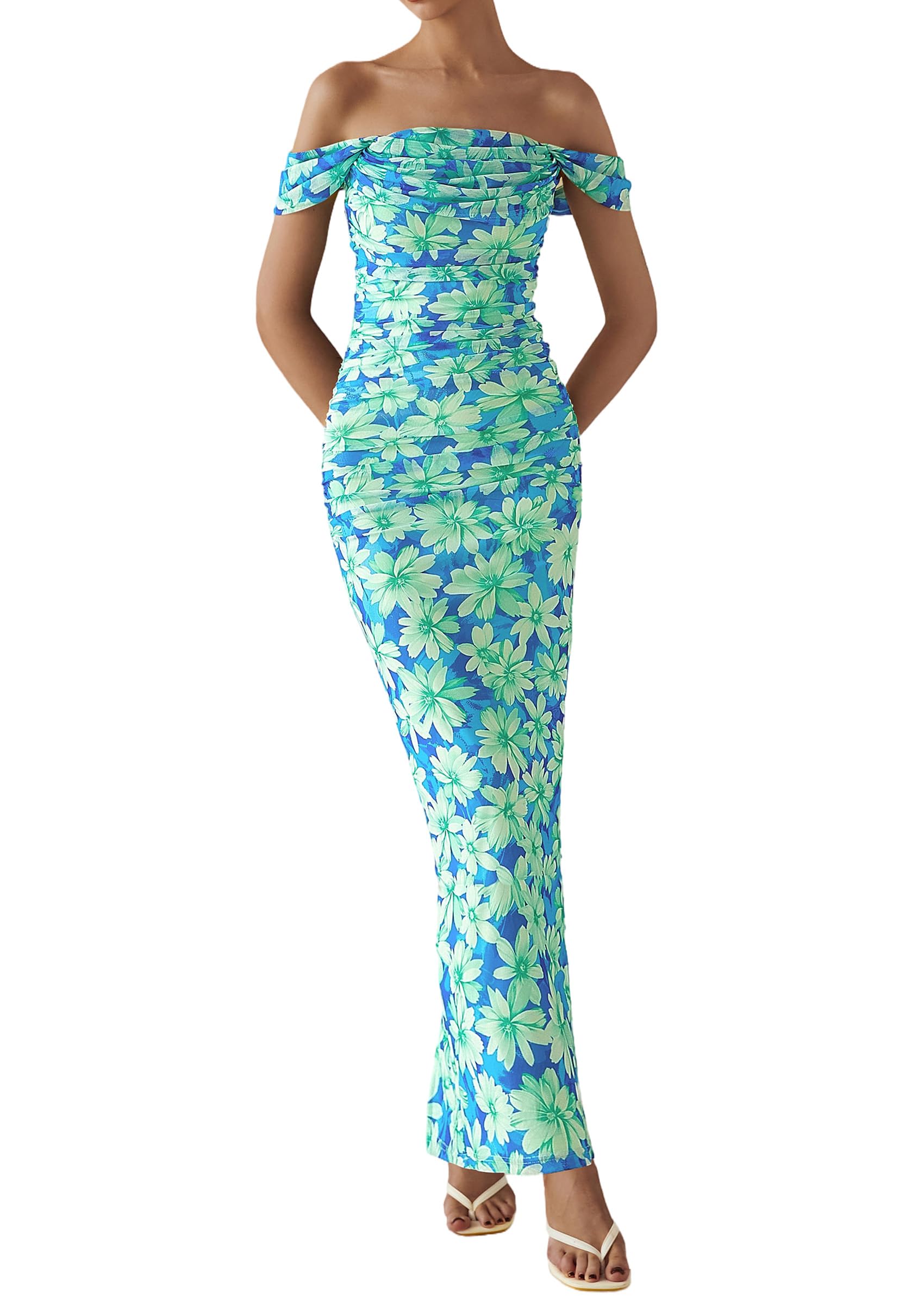 PRETTYGARDEN Cocktail Dresses for Women Summer Floral Off Shoulder Ruched Mesh Elegant Wedding Guest Maxi Dress