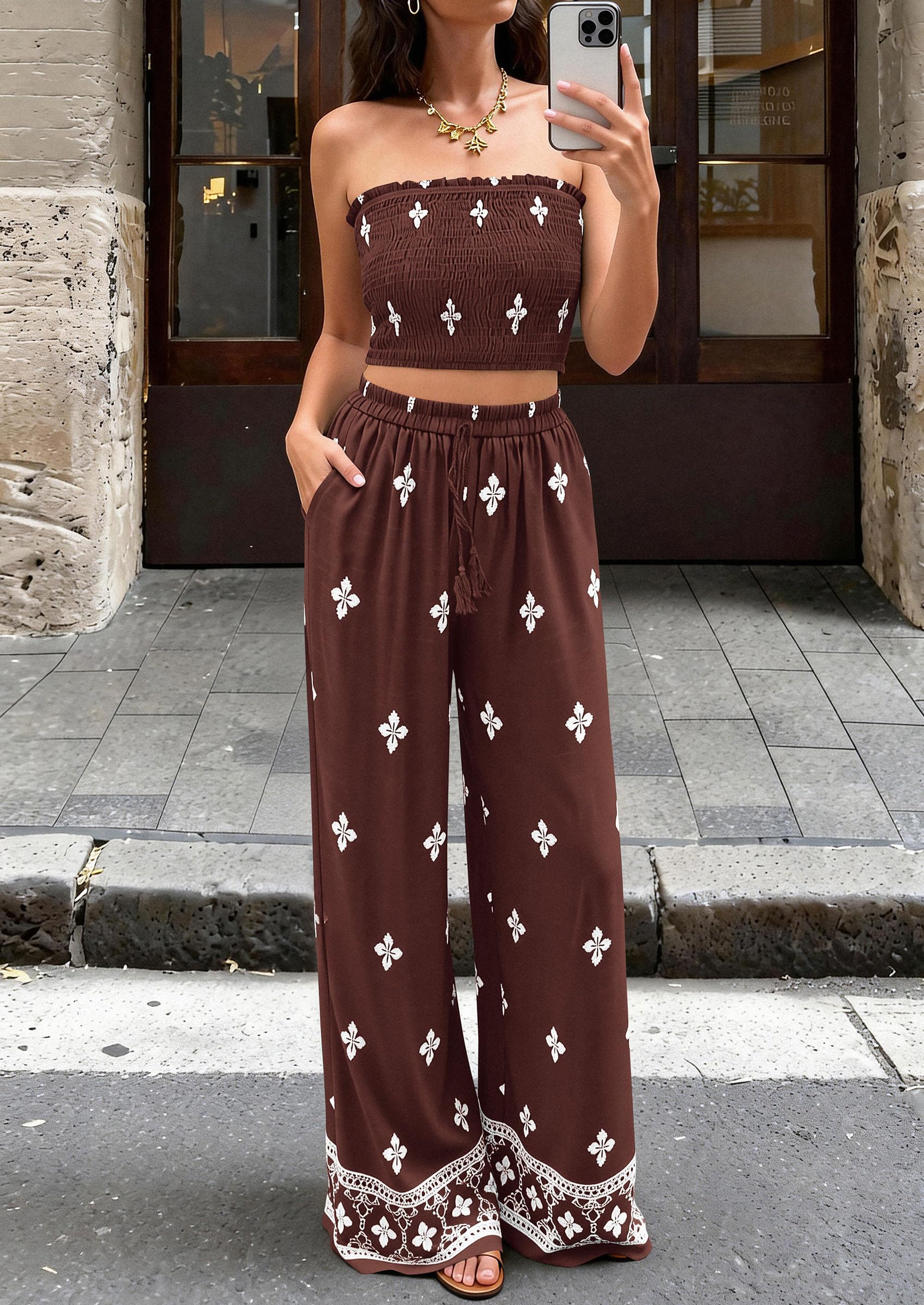 PRETTYGARDEN 2 Piece Sets for Women Summer  Travel Outfits Print Tube Tops Wide Leg Pants Beach Vacation Clothes