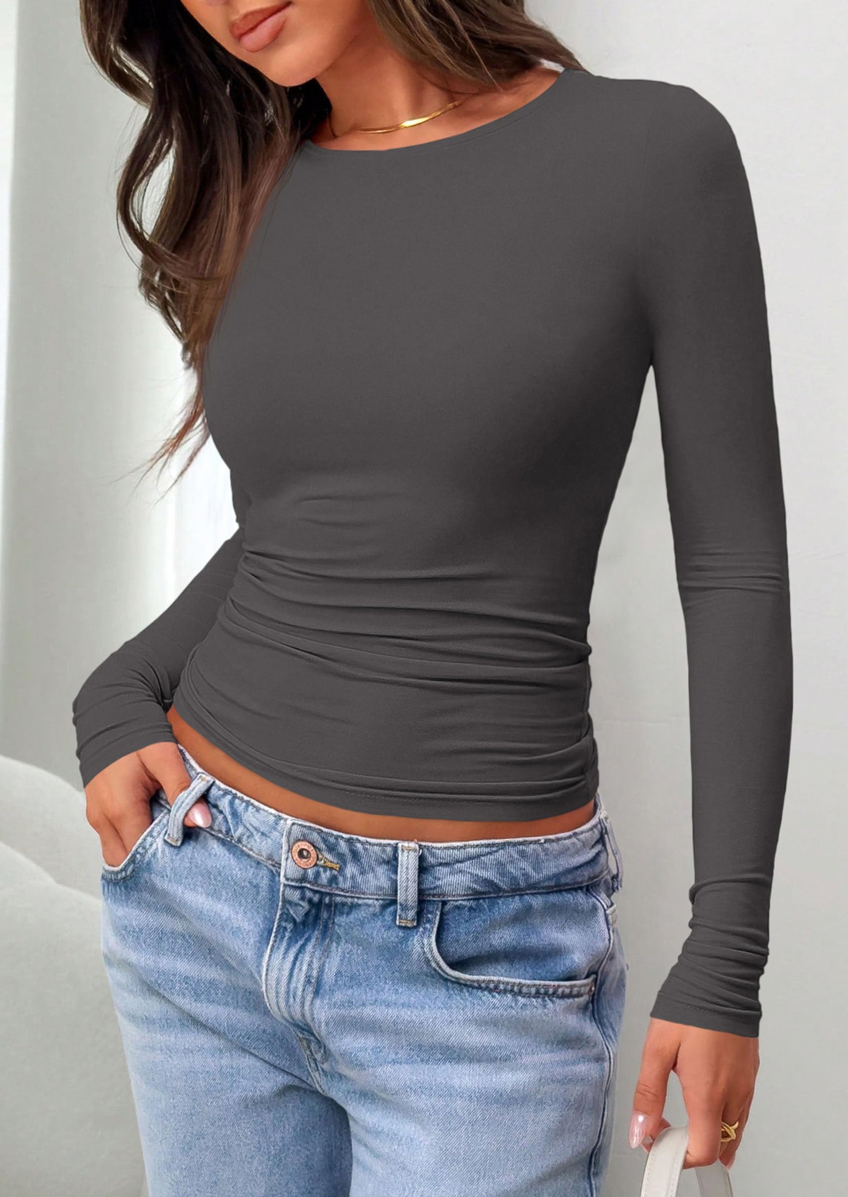 PRETTYGARDEN Long Sleeve Shirts for Women  Fall Casual Crewneck Tight Slim Fit Layering Basic T Shirt Going Out Tops