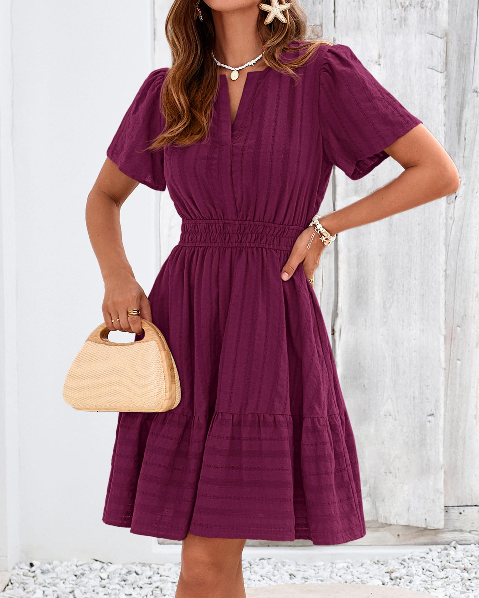 BTFBM Womens Spring  Casual Mini Dresses Lightweight Short Sleeve V Neck Elastic Waist Cute Boho Beach Dress Pockets