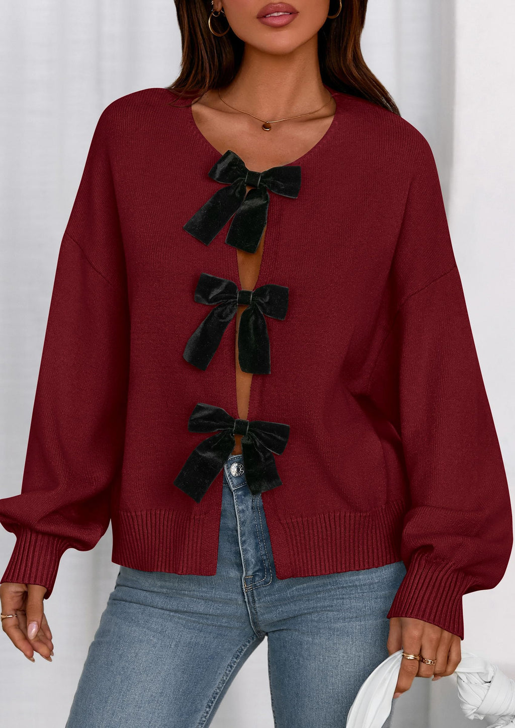 PRETTYGARDEN Cardigan Sweaters for Women Fall Fashion Bow Tie Front Long Sleeve Knit Sweater Tops Cute Winter Clothes