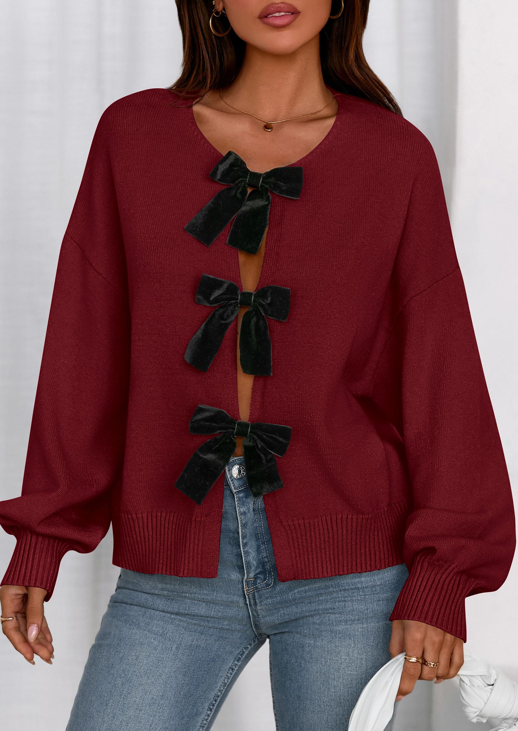 PRETTYGARDEN Cardigan Sweaters for Women Fall Fashion Bow Tie Front Long Sleeve Knit Sweater Tops Cute Winter Clothes