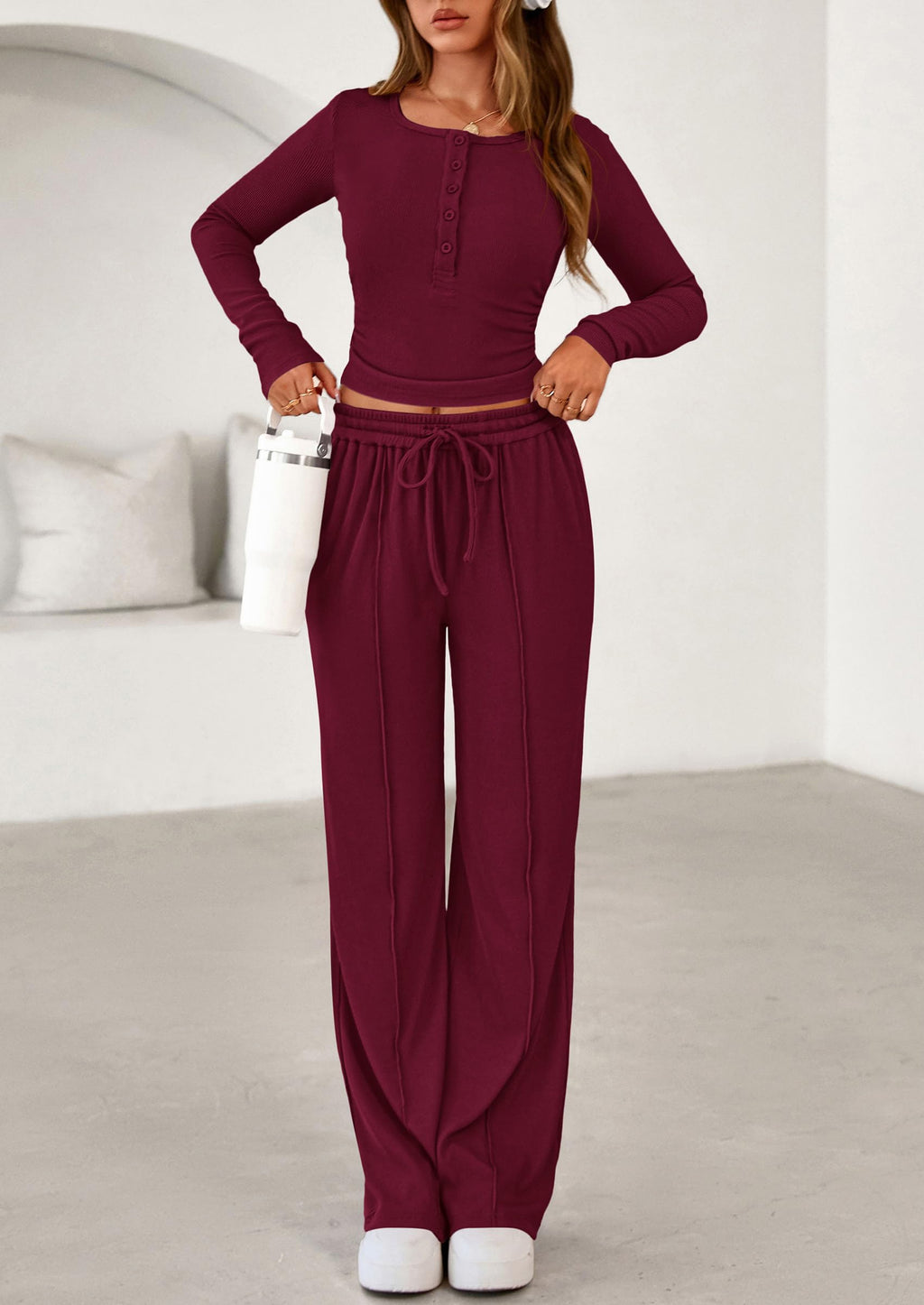 PRETTYGARDEN Women's  Fall Trendy 2 Piece Outfits Lounge Sets Long Sleeve Top Henley Shirts Wide Leg Pants Travel Clothes
