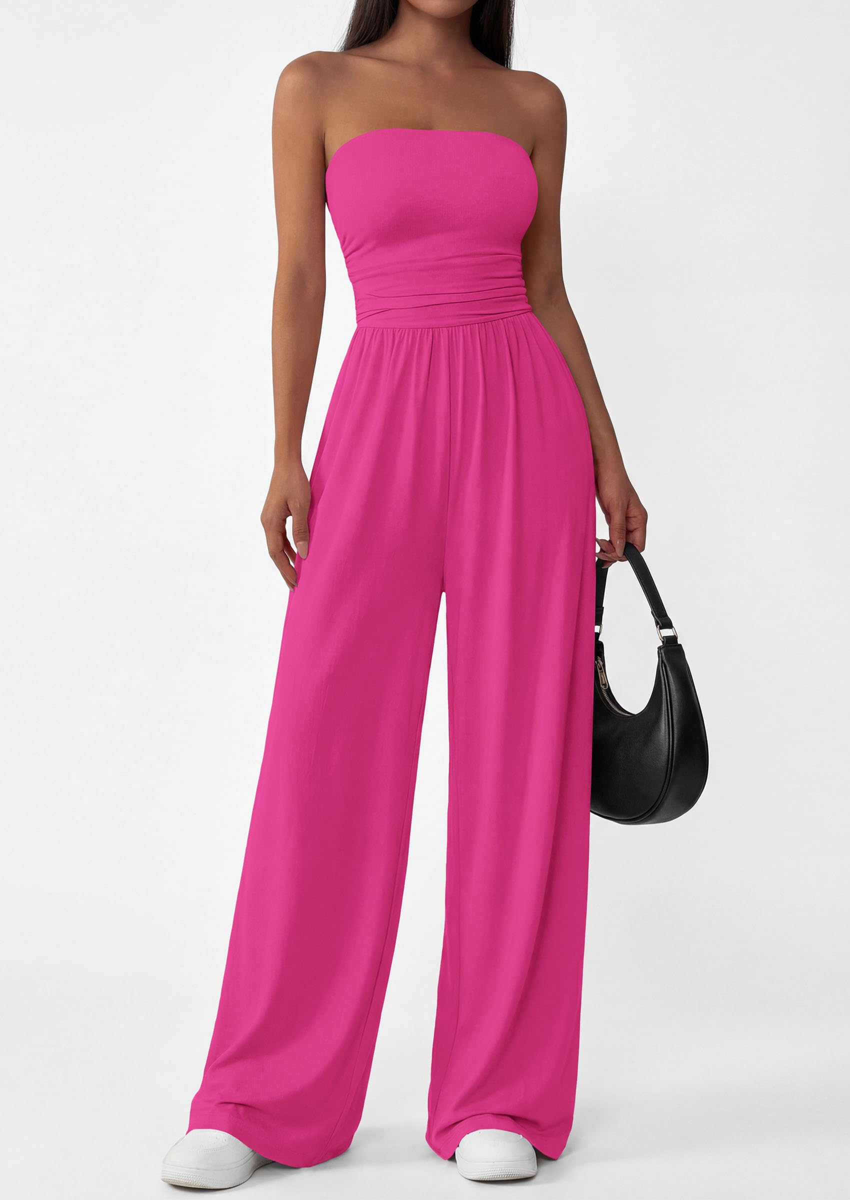PRETTYGARDEN Womens Trendy Strapless Rompers Ruched Tube Top Wide Leg One Piece Jumpsuits Beach Vacation Summer Outfits