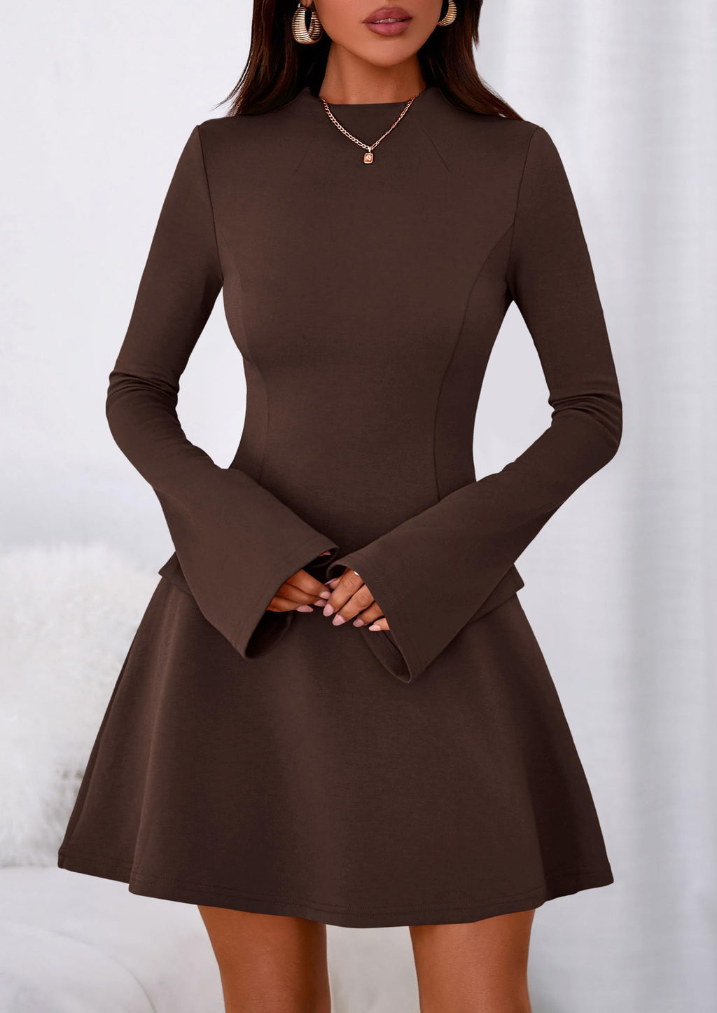 PRETTYGARDEN Women's Elegant Holiday Short Dress  Fall Bell Long Sleeve Mock Neck Work Business Casual Party Mini Dress