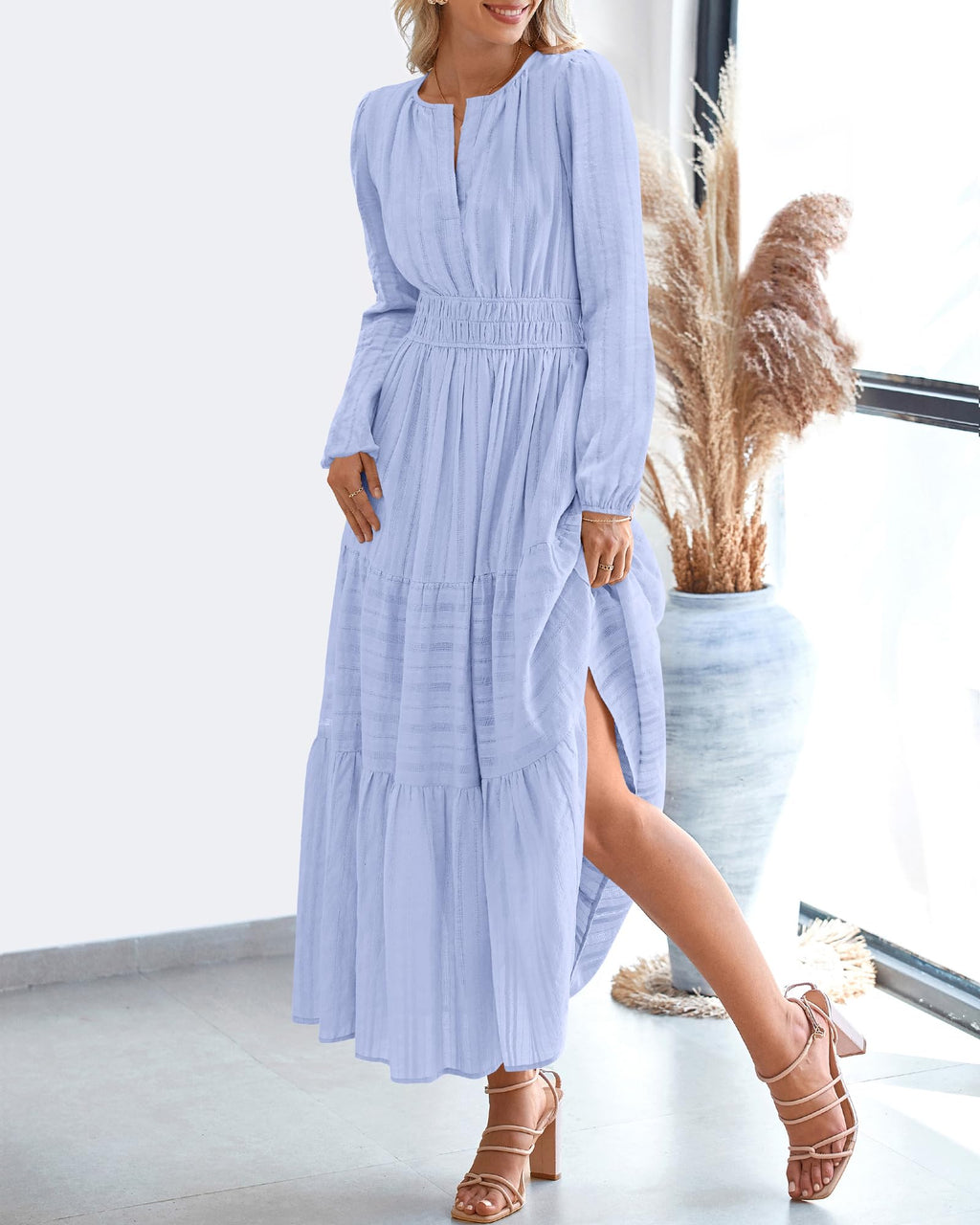 FreshPretty Fall Dresses for Women Casual Long Sleeve V Neck Elastic Waist Lightweight Maxi Wedding Guest Dress Pockets