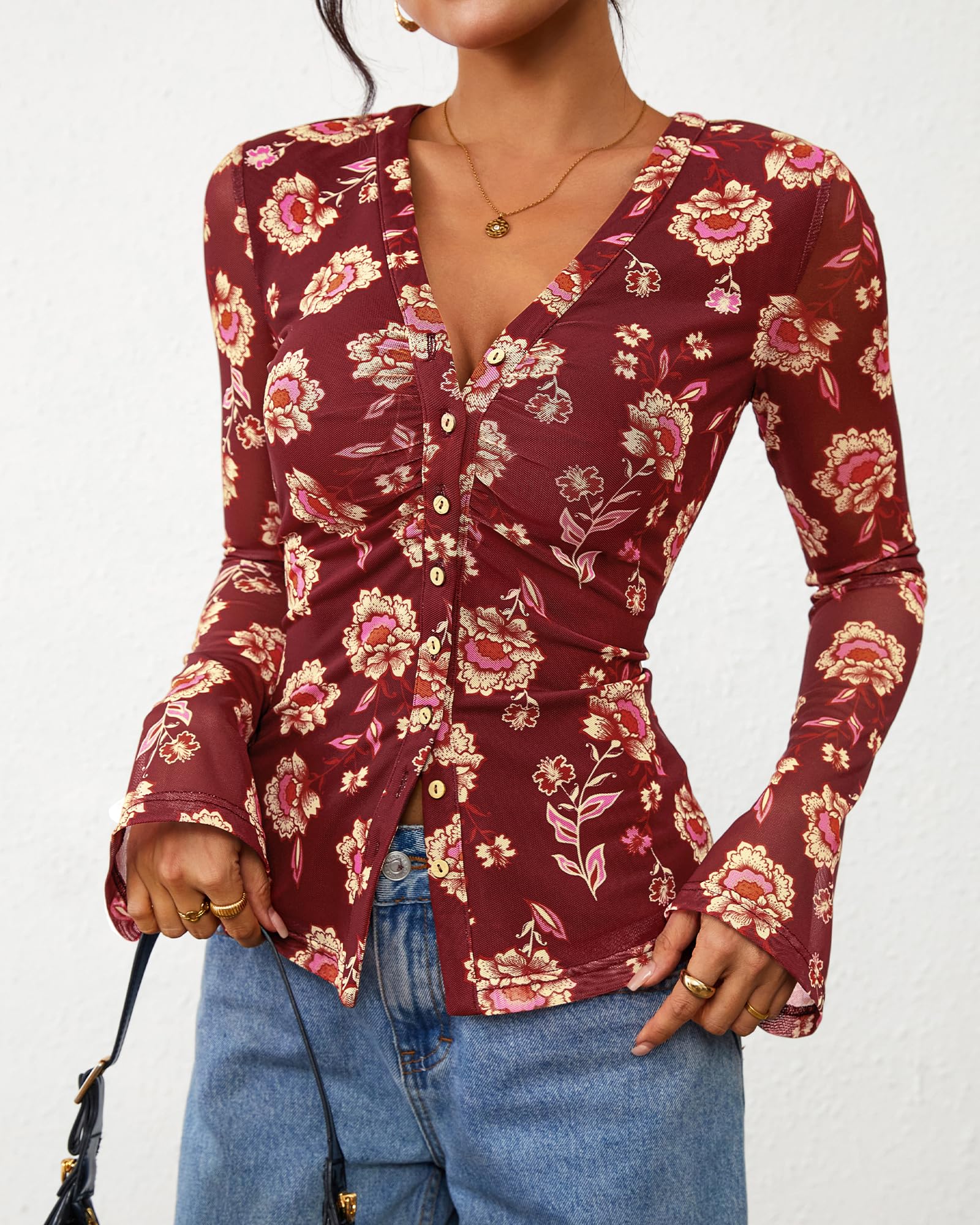 FreshPretty Button Down Shirts for Women Fall Fashion V Neck Long Sleeve Blouse Ruched Mesh Fitted Floral Print Boho Tops