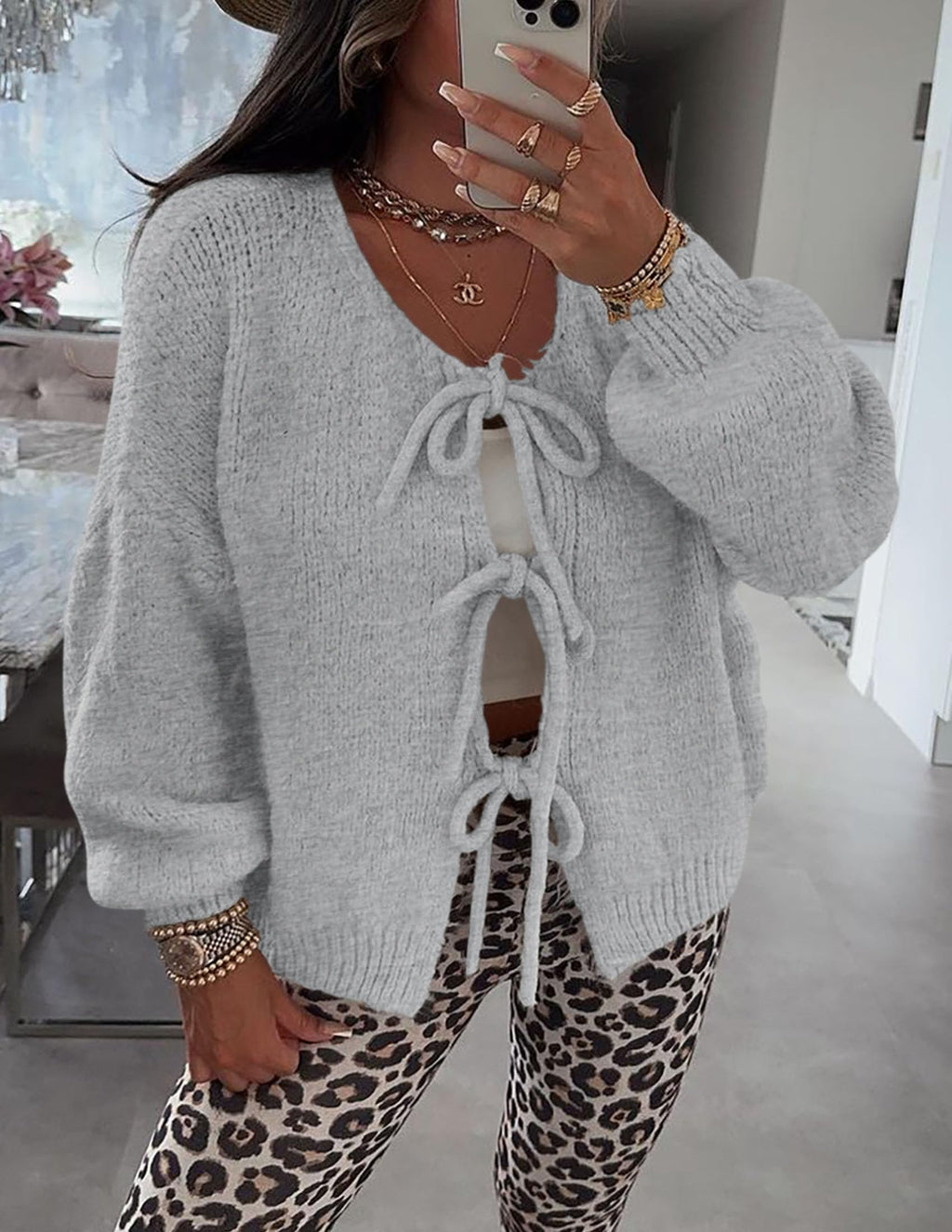 PRETTYGARDEN Women's Tie Front Bow Cardigan Sweaters Chunky Knit Long Puff Sleeve Trendy Fall Winter Jacket Coat