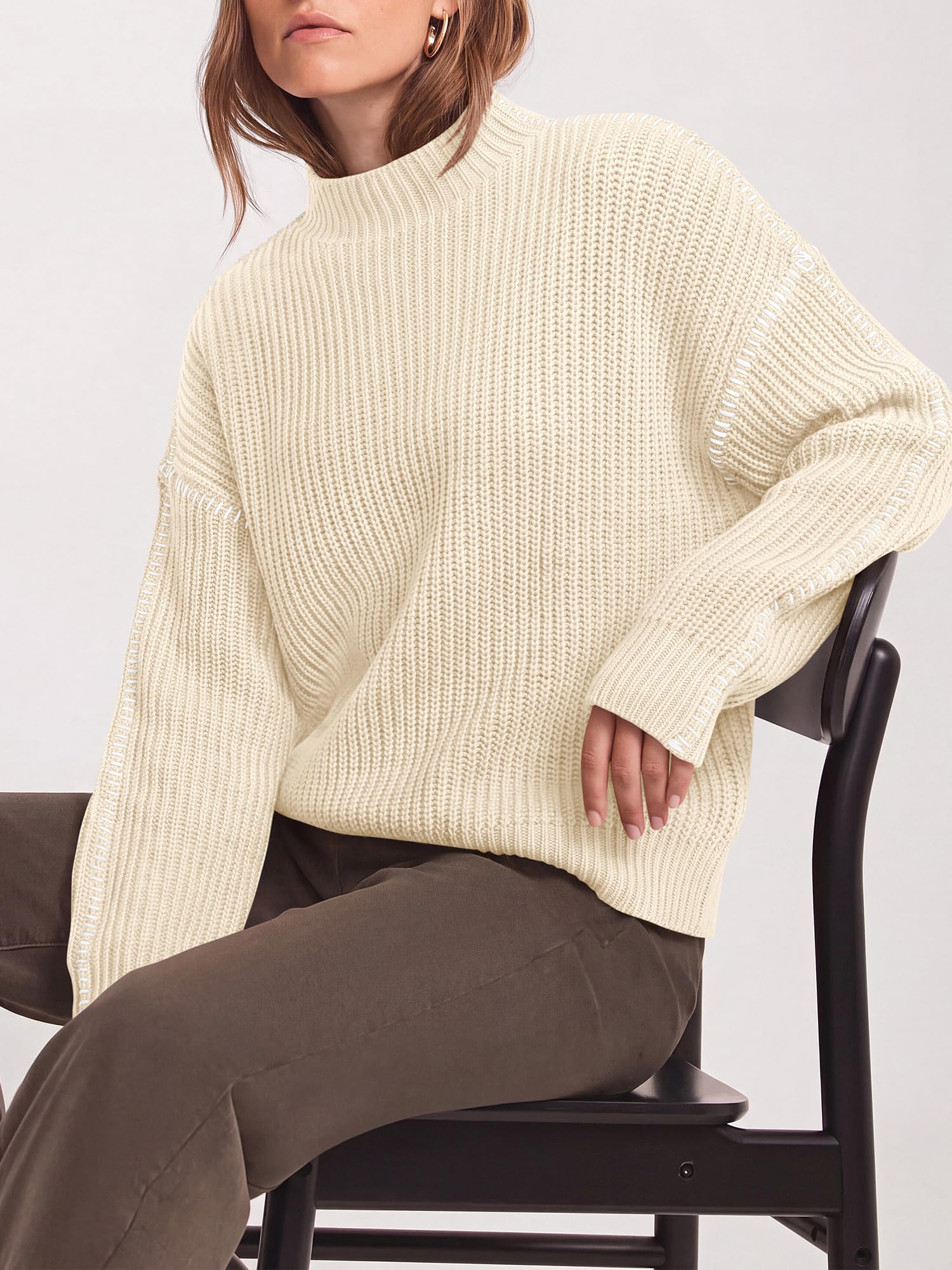 "BTFBM Womens Oversized Sweaters Contrast Chunky Knit Sweater Loose Fit Mock Neck Long Sleeve Tops, Soft Cozy Knitwear, Fall Fashion 2026, Casual Winter Clothing, Daily Going Out Outfits"