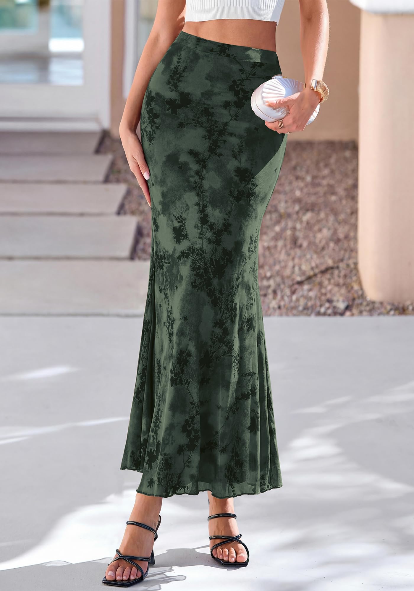 BTFBM Womens Floral Mesh Maxi Skirt Spring Summer Elastic High Waisted Boho Elegant Mermaid Long Skirts for Women