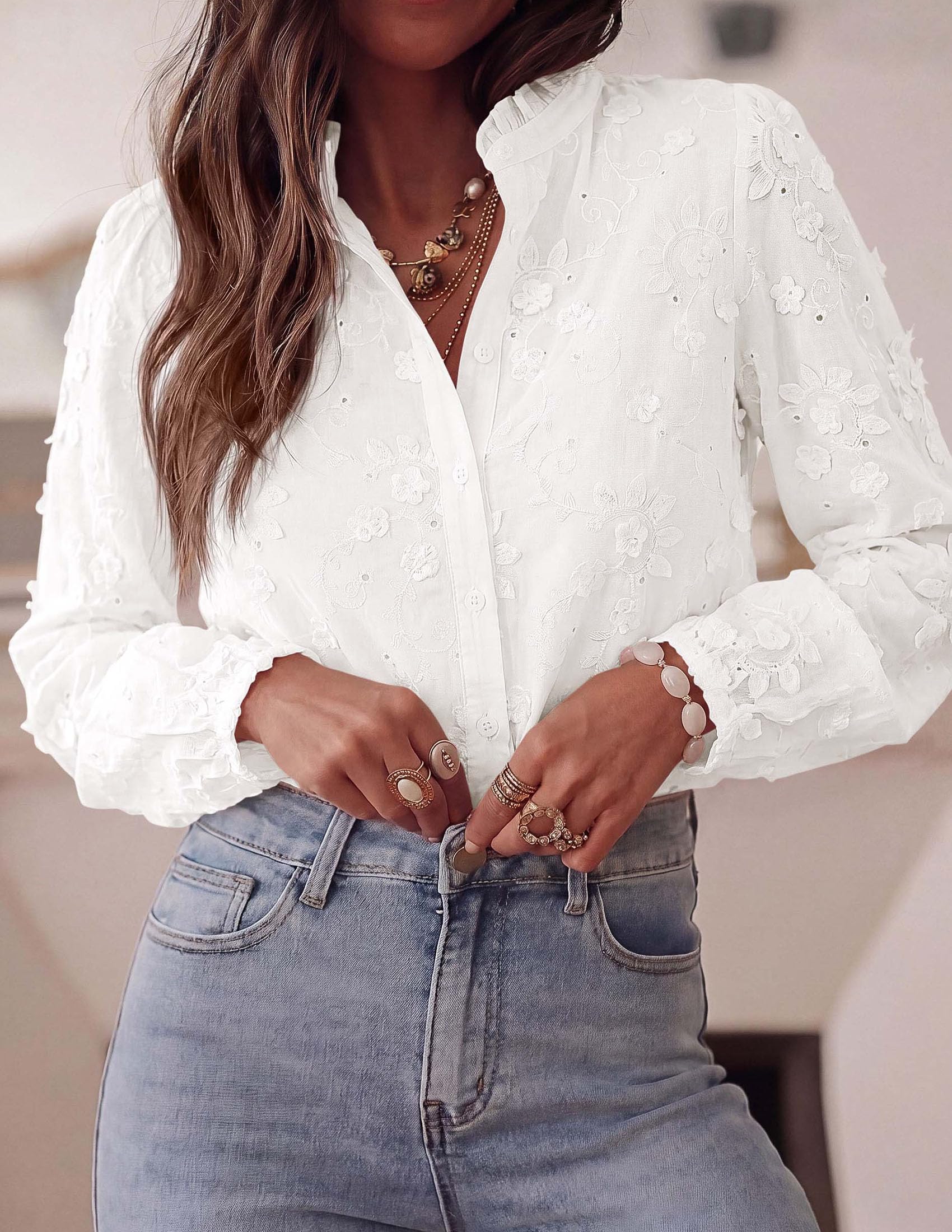 PRETTYGARDEN Women's Floral Embroidered Button Down Shirts | Ladies Dressy Fall Blouses, Long Sleeves, Ruffle Neck, Elegant Boho Eyelet Tops for Work, Business & Spring Casual Outings