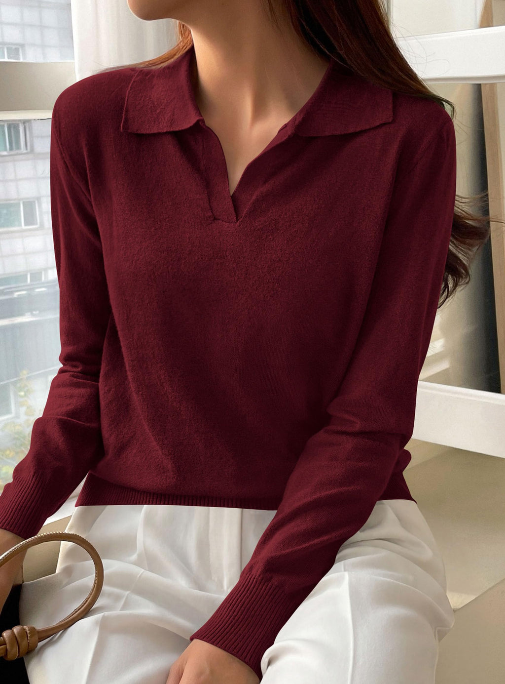 PRETTYGARDEN Womens Long Sleeve Collared Polo Sweater | Breathable Soft Ribbed Knit, Lapel V Neck Pullover Sweaters, Business Casual Work Office Tops, 2026 Trendy Fall Outfits