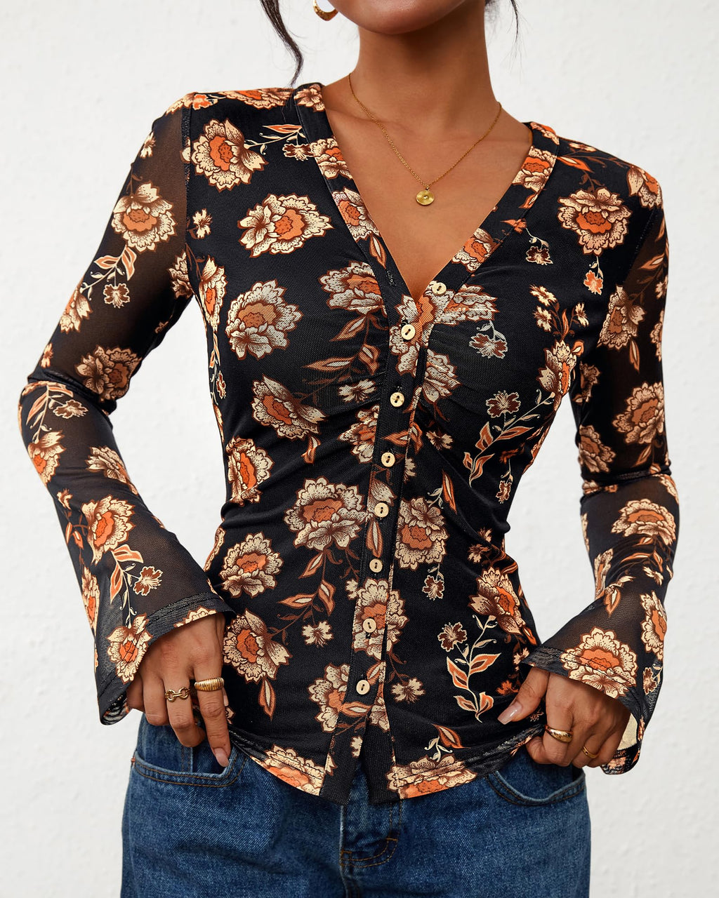 FreshPretty Button Down Shirts for Women Fall Fashion V Neck Long Sleeve Blouse Ruched Mesh Fitted Floral Print Boho Tops