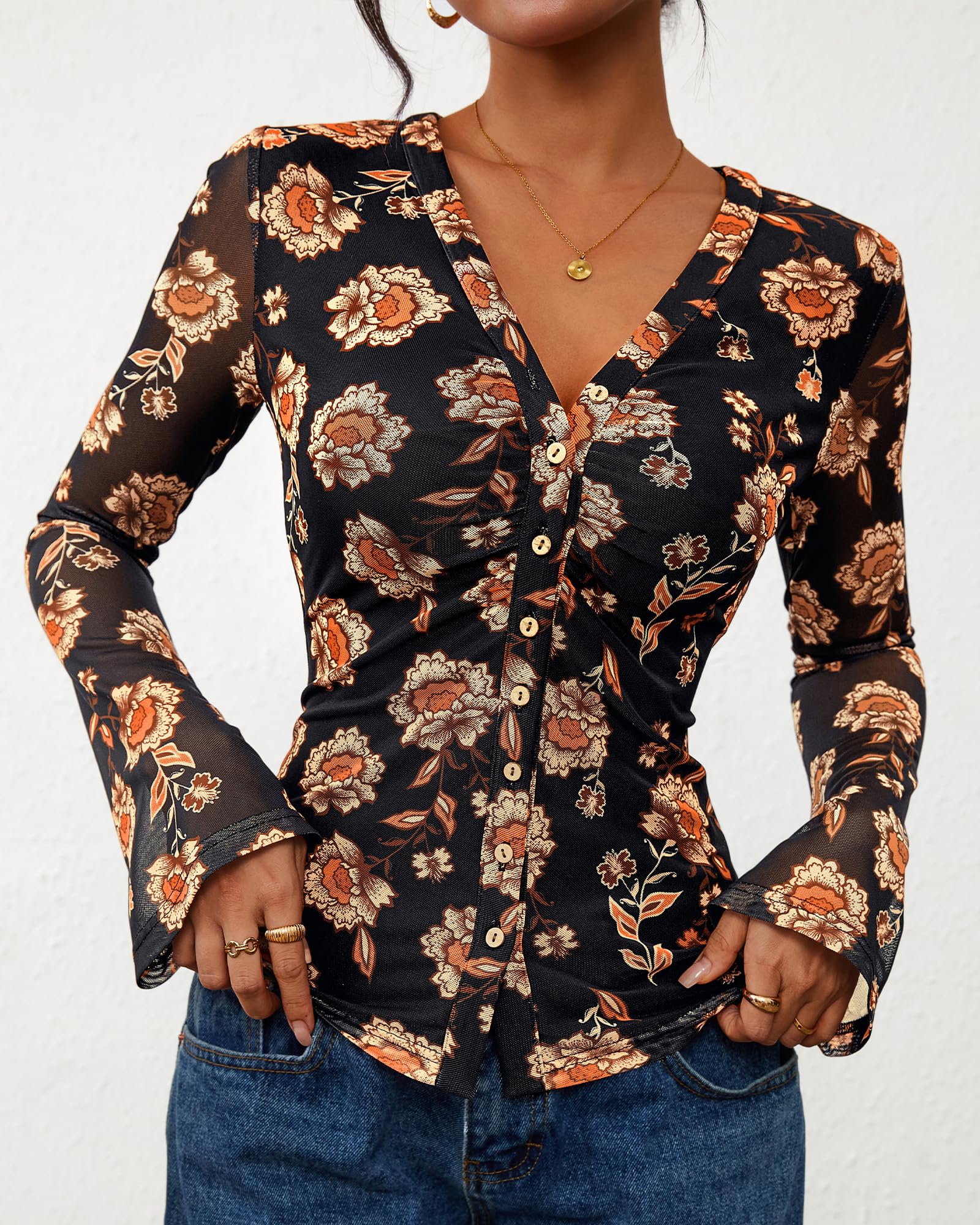 FreshPretty Button Down Shirts for Women Fall Fashion V Neck Long Sleeve Blouse Ruched Mesh Fitted Floral Print Boho Tops