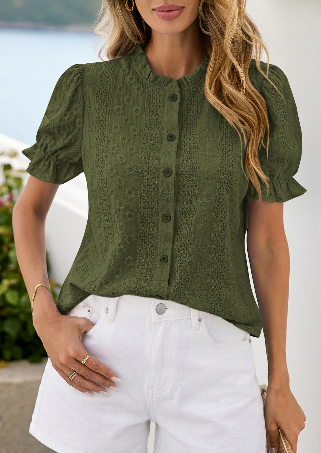 PRETTYGARDEN Womens Puff Short Sleeve Tops  Summer Spring Button Down Boho Embroidered Cute Blouse Dressy Casual Shirts