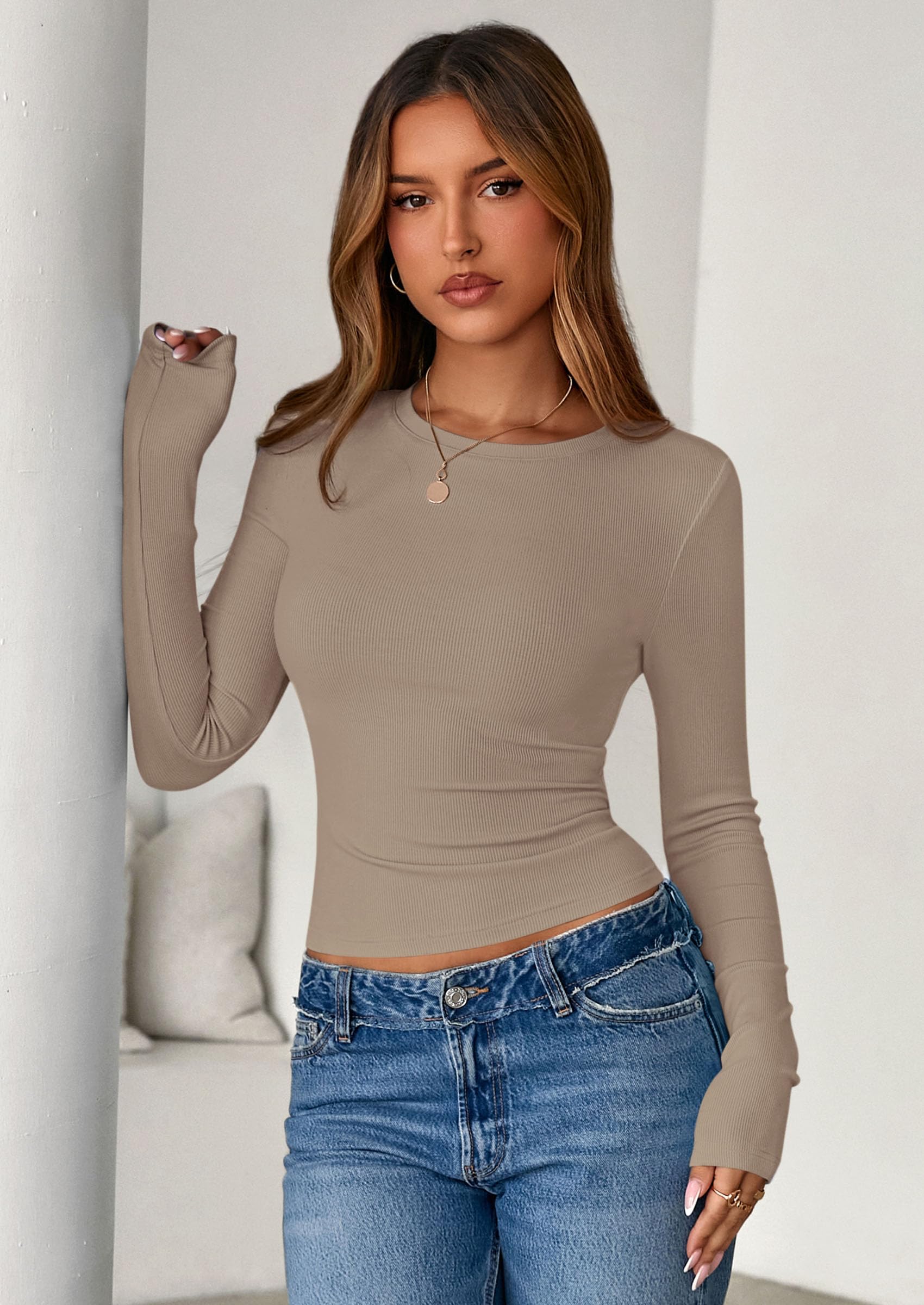 PRETTYGARDEN Women Fall Clothes Long Sleeve Shirts Ribbed Knit Fitted Basic Tee Going Out Tops Underscrub Casual Outfits