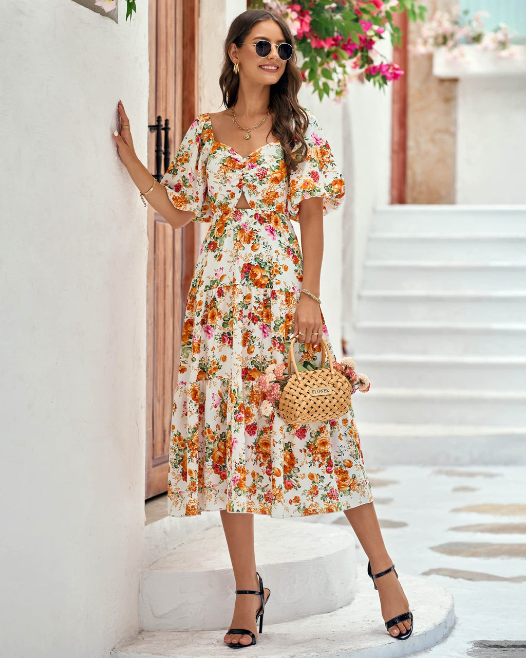 FreshPretty Women Summer Dresses Casual Flowy Beach Square Neck Puff Short Sleeve Smocked Back Boho Floral Long Maxi Dress