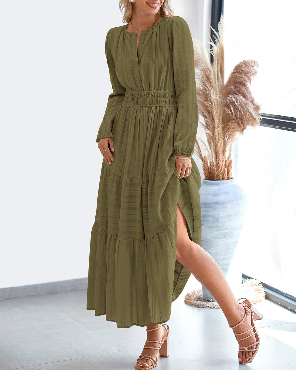 FreshPretty Fall Dresses for Women Casual Long Sleeve V Neck Elastic Waist Lightweight Maxi Wedding Guest Dress Pockets