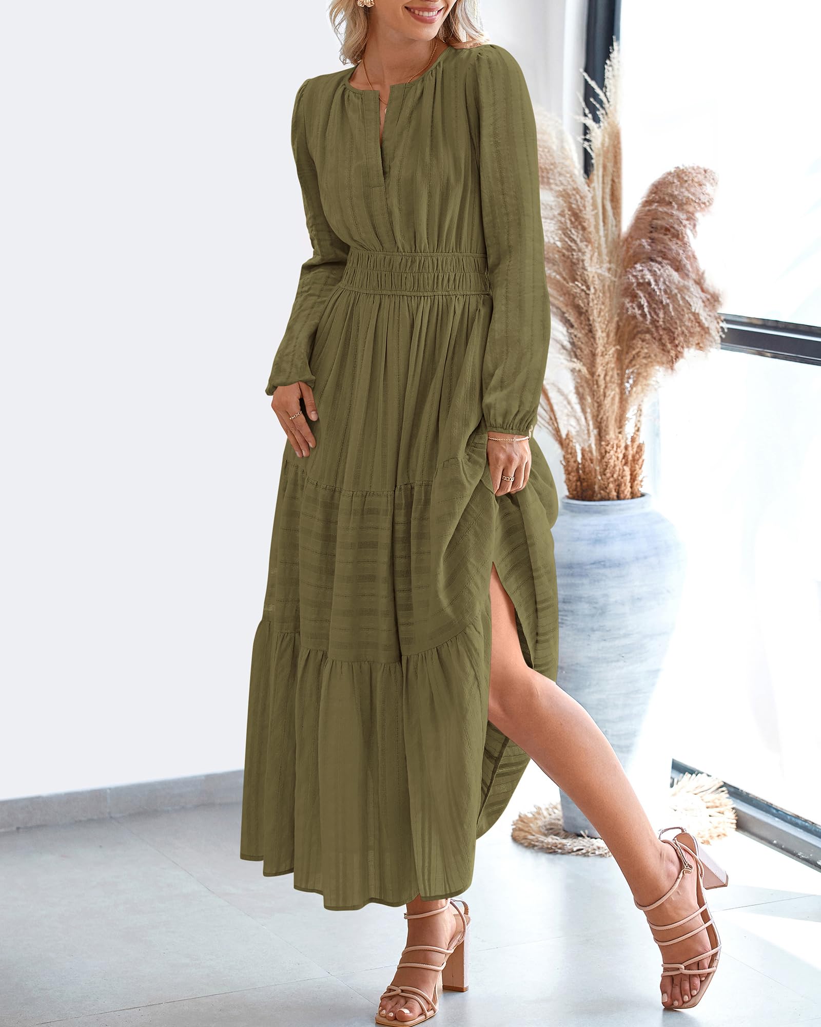 FreshPretty Fall Dresses for Women Casual Long Sleeve V Neck Elastic Waist Lightweight Maxi Wedding Guest Dress Pockets