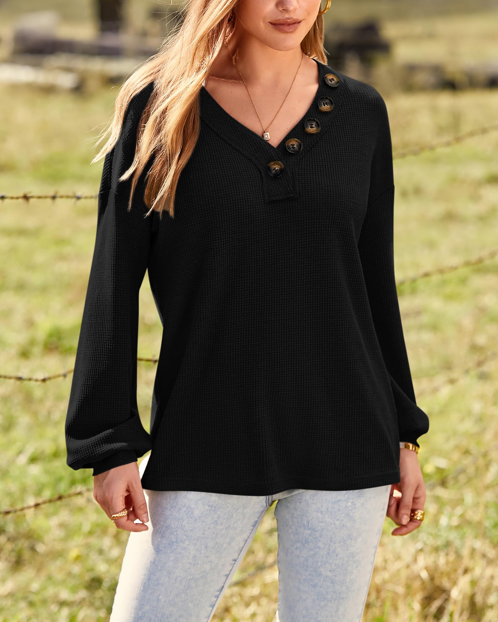 FreshPretty Womens Fall Fashion Long Sleeve Shirts Spring V Neck Loose Casual Deco Button Lightweight Waffle Knit Tops