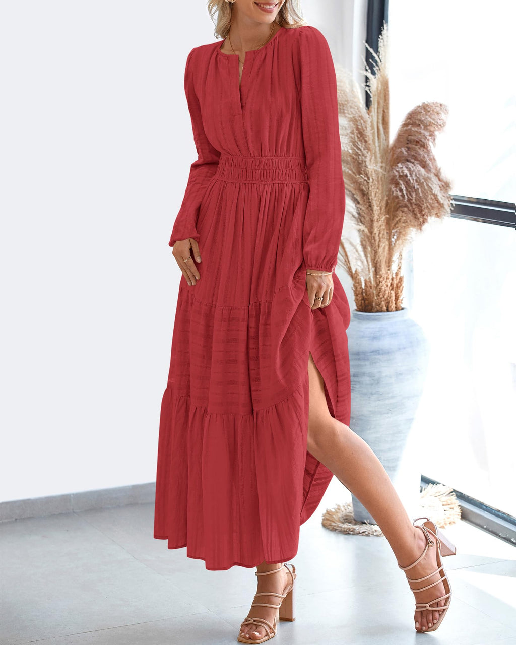 FreshPretty Fall Dresses for Women Casual Long Sleeve V Neck Elastic Waist Lightweight Maxi Wedding Guest Dress Pockets