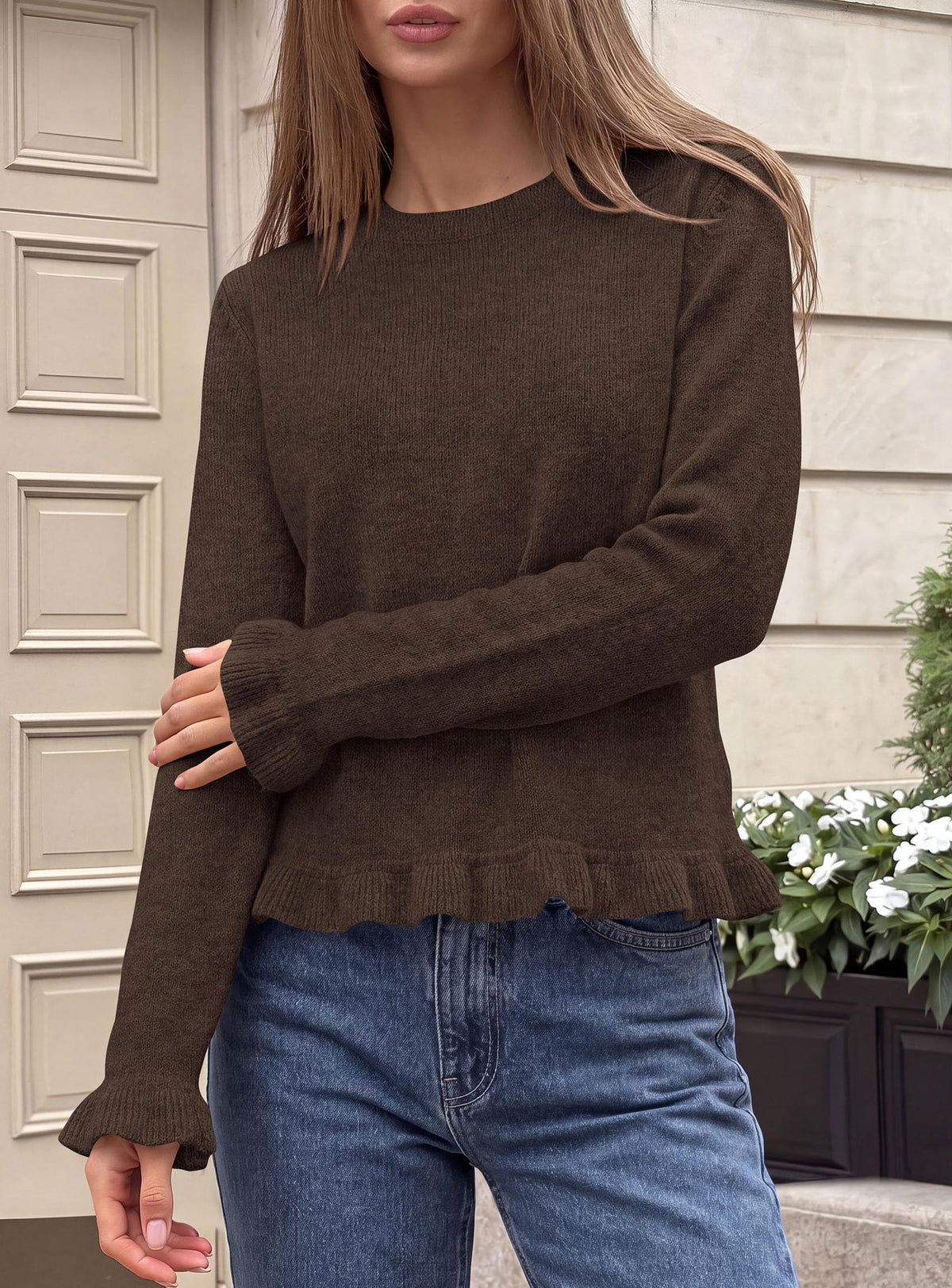 PRETTYGARDEN Women's Ruffle Sweaters Fall Fashion Cozy Knit Pullover Soft Stretchy, Crewneck Long Sleeve, Cute Peplum Tops, Dressy Casual Blouses, Going Out Holiday, Trendy Winter Outfits