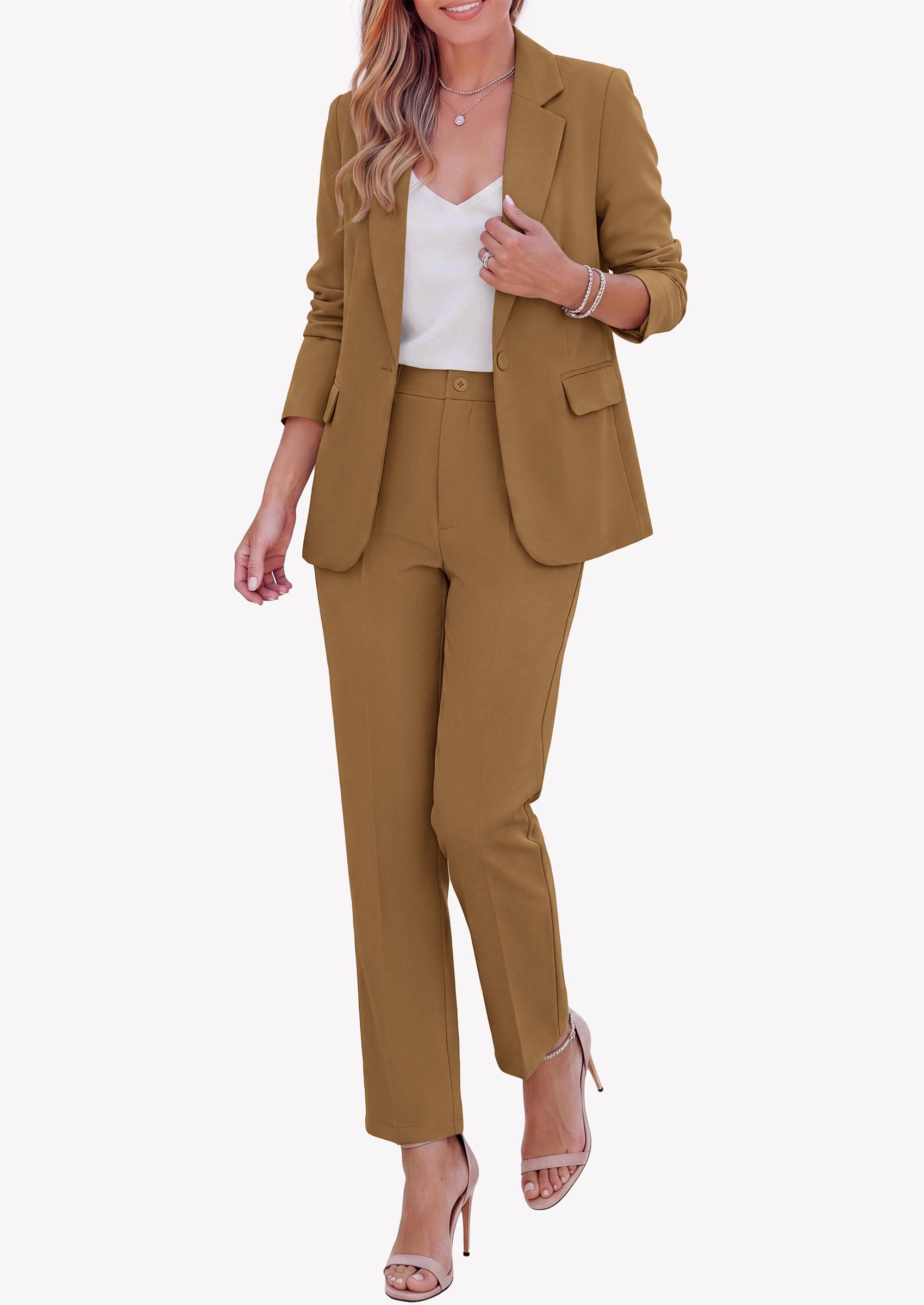 PRETTYGARDEN Two Piece Sets for Women Dressy Pant Suits Lapel Blazer,Straight Leg Dress Pants,Professional Interview Suit Set,Business Casual Outfits,Office Work Clothes,Fall Winter
