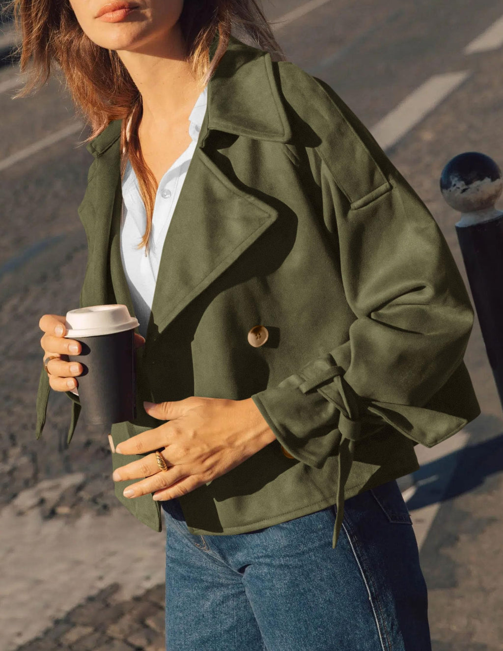PRETTYGARDEN Women Faux Suede Double Breasted Trench Coat Cropped Jackets Raglan Long Sleeve,Lapel,Tie Cuff,Button Down,Fall Fashion Outerwear,Winter Clothes,Work Office Casual Short Jacket