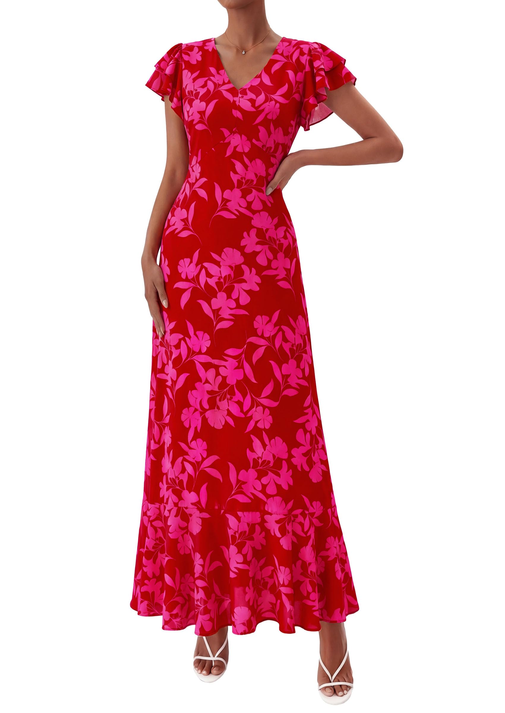 PRETTYGARDEN Womens Summer Floral Maxi Dresses Spring Short Sleeve Ruffle V Neck Flowy Boho Long Beach Vacation Sundress