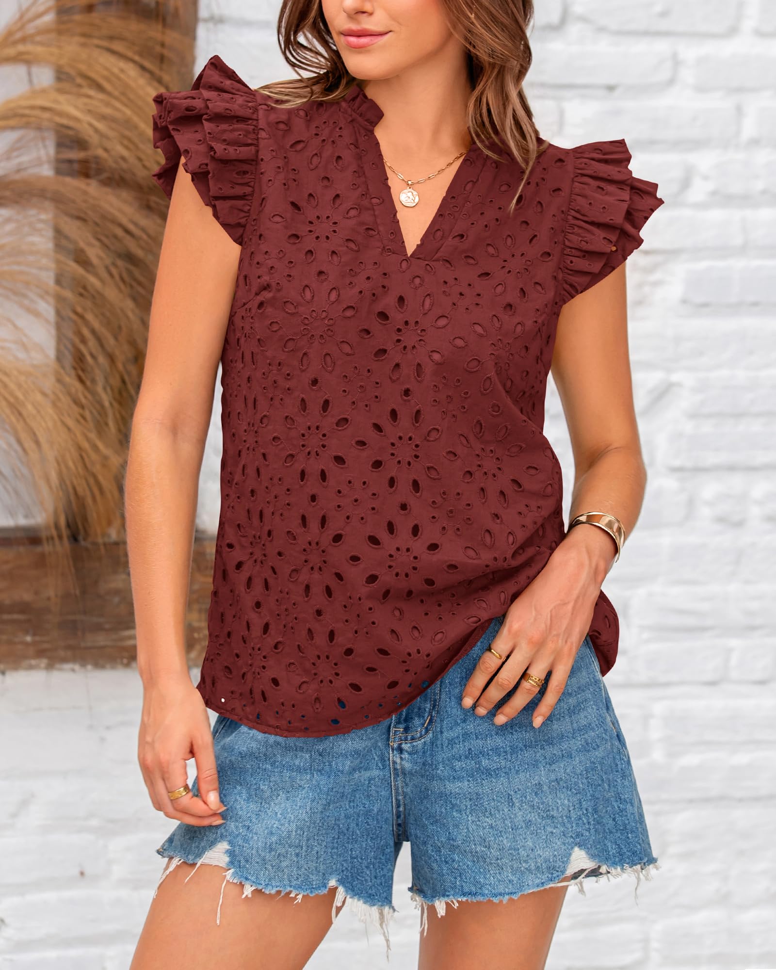FreshPretty Women Summer Eyelet Tops Dressy Casual V Neck Ruffle Cap Sleeve Cotton Boho Shirts Lace Embroidered Blouses