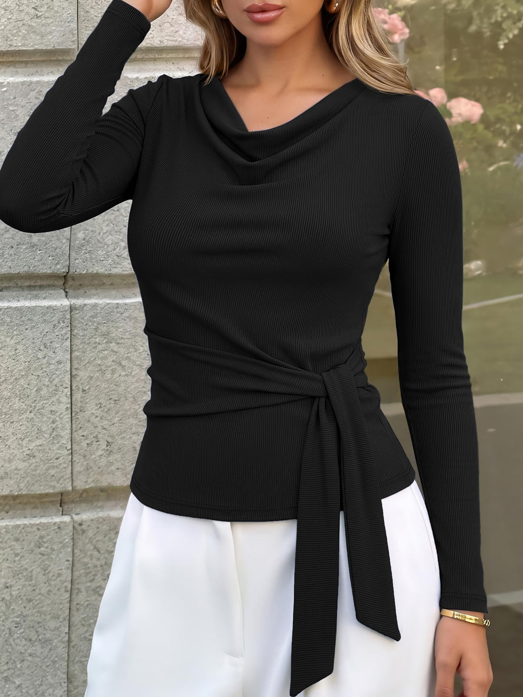BTFBM Fall Tops for Women Tie Waist Wrap Blouses Business Casual Outfits Slim Fit Cowl Neck Long Sleeve Shirts, Elegant Dressy Blouse, Fashion Clothing, Daily Wear Going Out Office Work Clothes