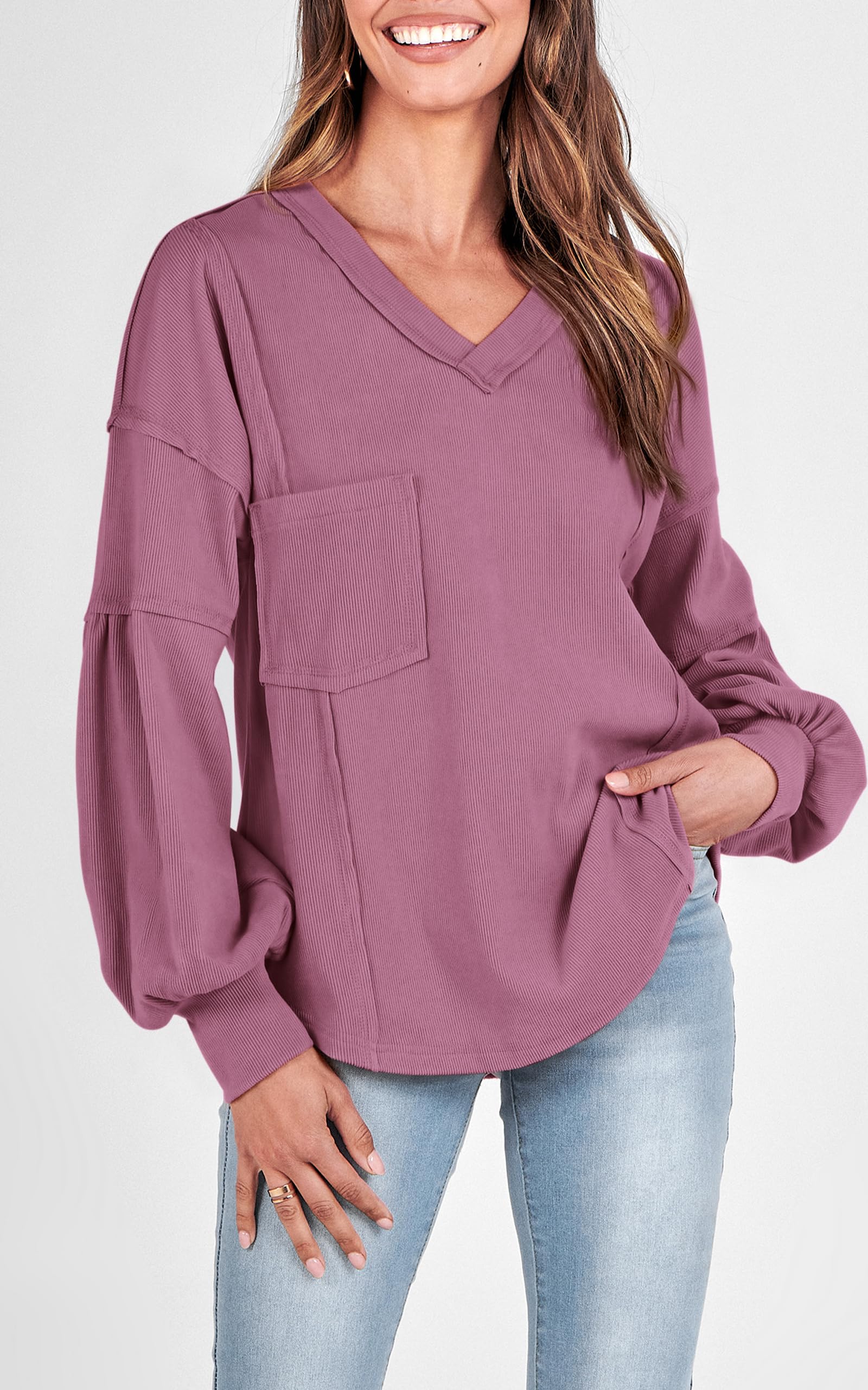 FreshPretty Womens Fall Fashion Long Sleeve Shirts Casual V Neck Ribbed Knit Blouses Pullover Trendy Loose Fit Tunic Tops