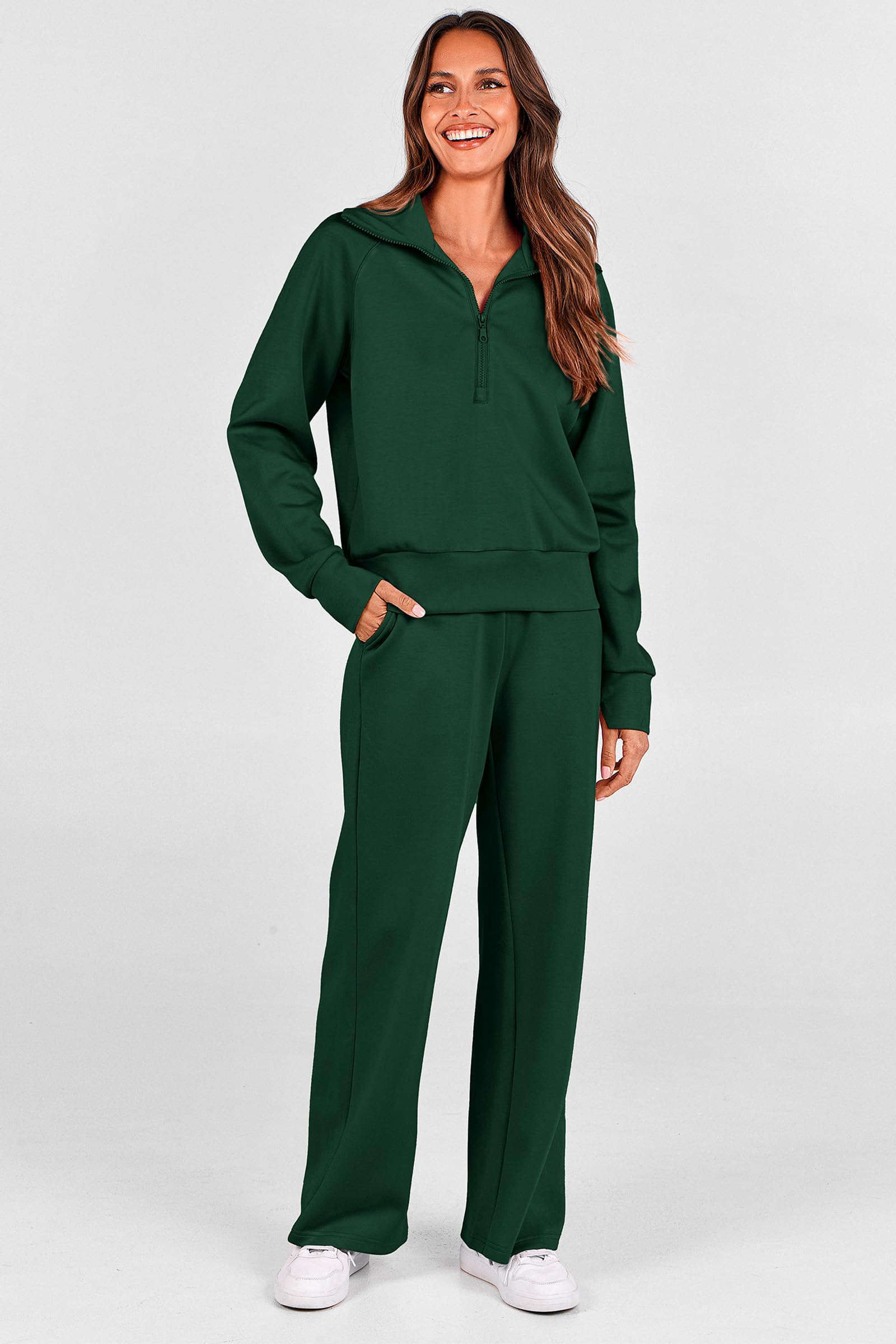 PRETTYGARDEN Women's 2 Piece Outfits Casual Lapel Half Zip Sweatshirts and Wide Leg Pants Tracksuit Sets