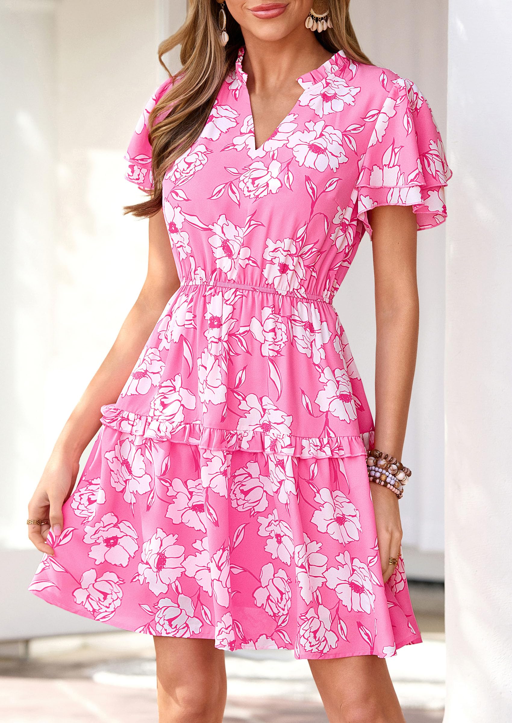 PRETTYGARDEN Womens Summer Floral Mini Dress  Trendy Ruffle Short Sleeve V Neck Flowy A Line Short Beach Dresses