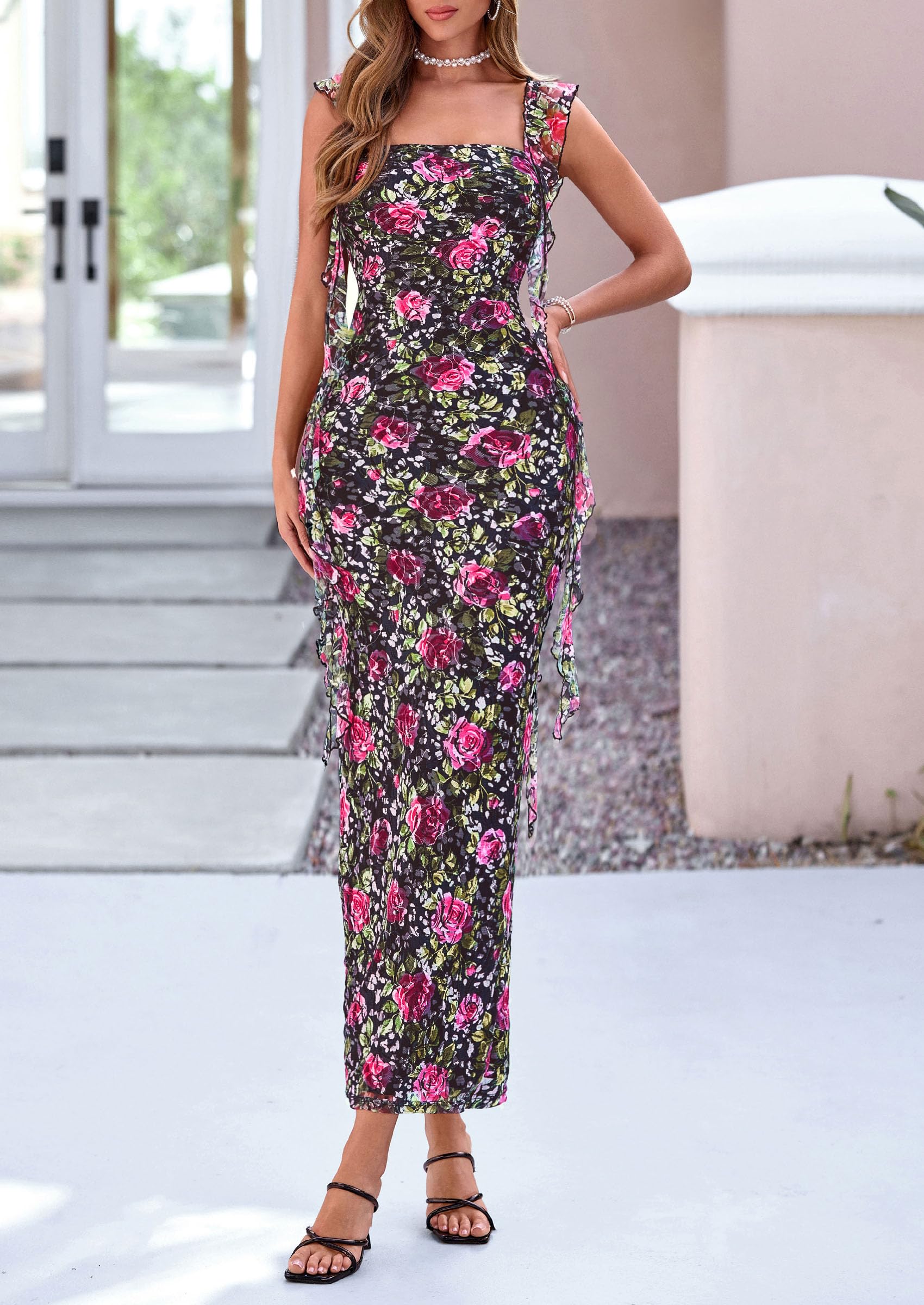 PRETTYGARDEN Floral Dress for Women  Summer Formal Ruched Lace Ruffle Spring Cocktail Wedding Guest Maxi Long Dresses