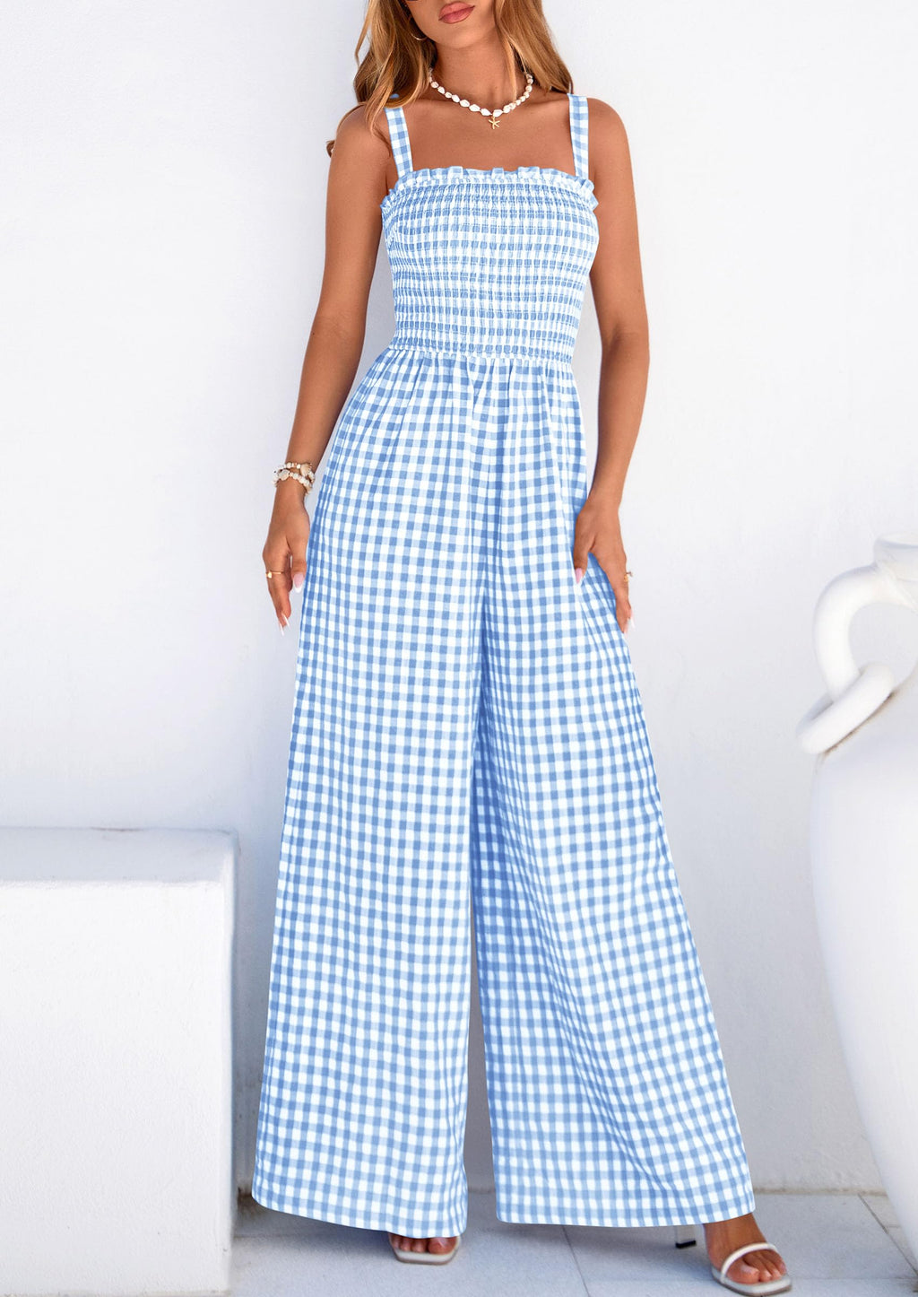 PRETTYGARDEN One Piece Jumpsuits for Women Casual Summer Cruise Outfits  Spring Fashion Smocked Wide Leg Gingham Rompers