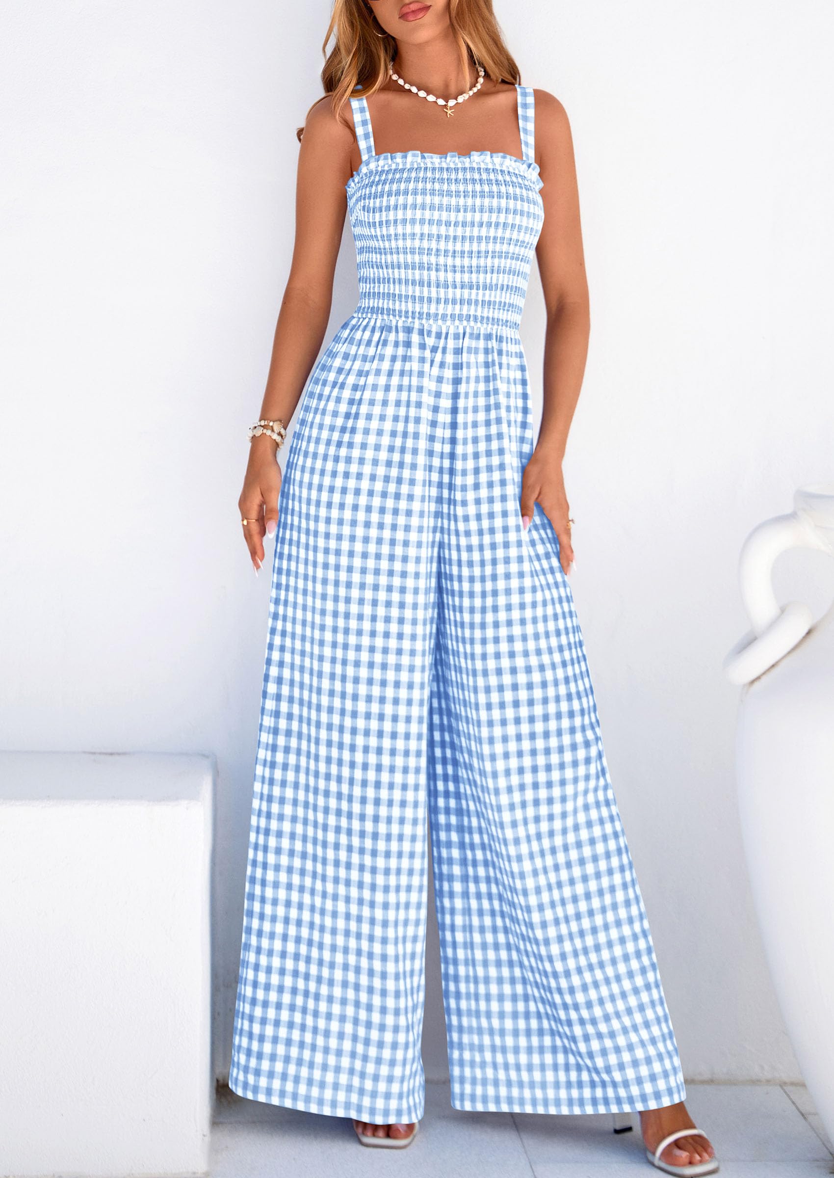 PRETTYGARDEN One Piece Jumpsuits for Women Casual Summer Cruise Outfits  Spring Fashion Smocked Wide Leg Gingham Rompers