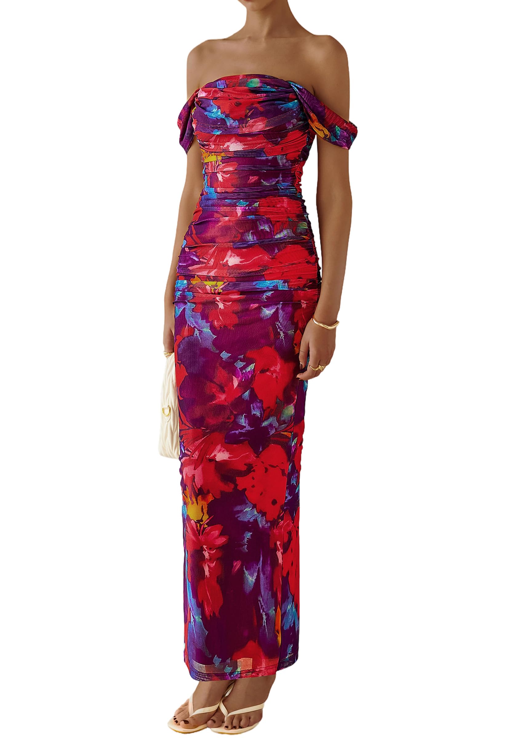 PRETTYGARDEN Cocktail Dresses for Women Summer Floral Off Shoulder Ruched Mesh Elegant Wedding Guest Maxi Dress