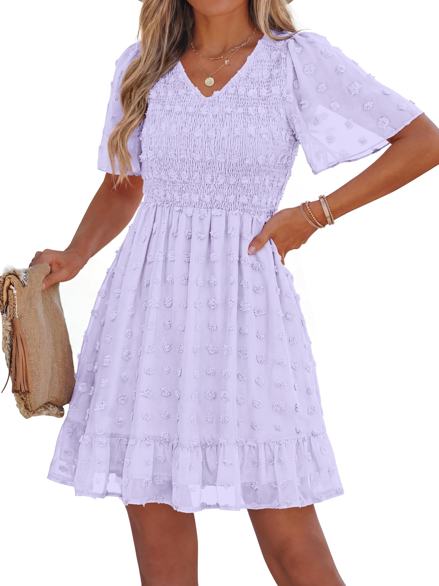 FreshPretty Womens Beach Vacation Dress Summer V Neck Short Sleeve Smocked Swiss Dot Ruffle Casual Mini Spring Dresses