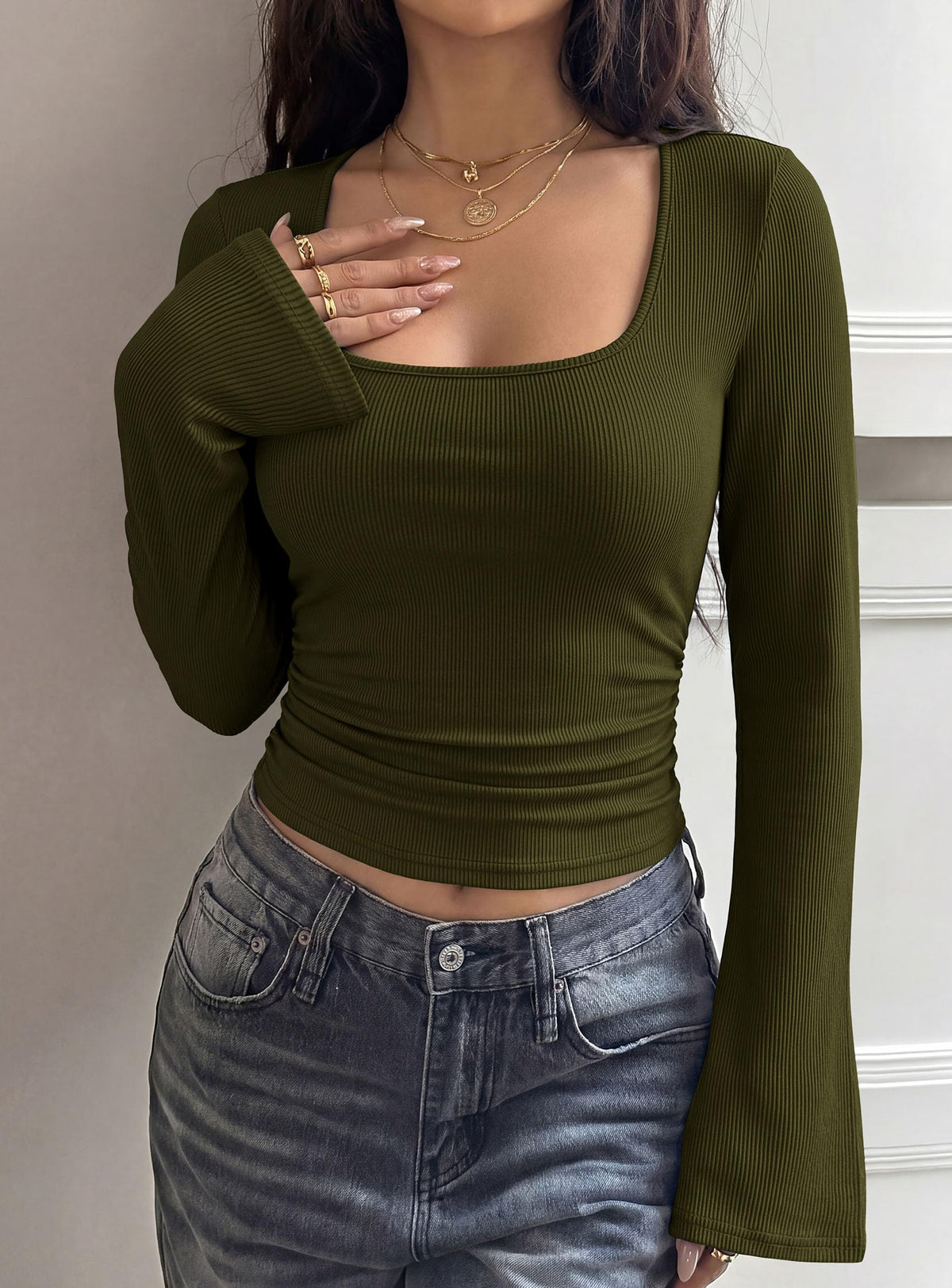 PRETTYGARDEN Womens Bell Long Sleeve Shirts Going Out Tops | Soft Stretchy Ribbed Knit, Square Neck, Slim Fit Y2K Clothes, Trendy Side Ruched, Layering Tee for Casual Fall & Winter Wear