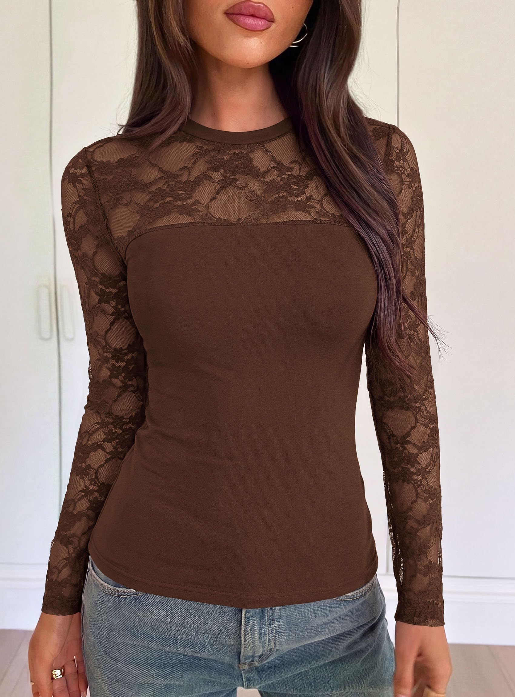 PRETTYGARDEN Womens Mesh Sheer Shirts Lace Long Sleeve Tops